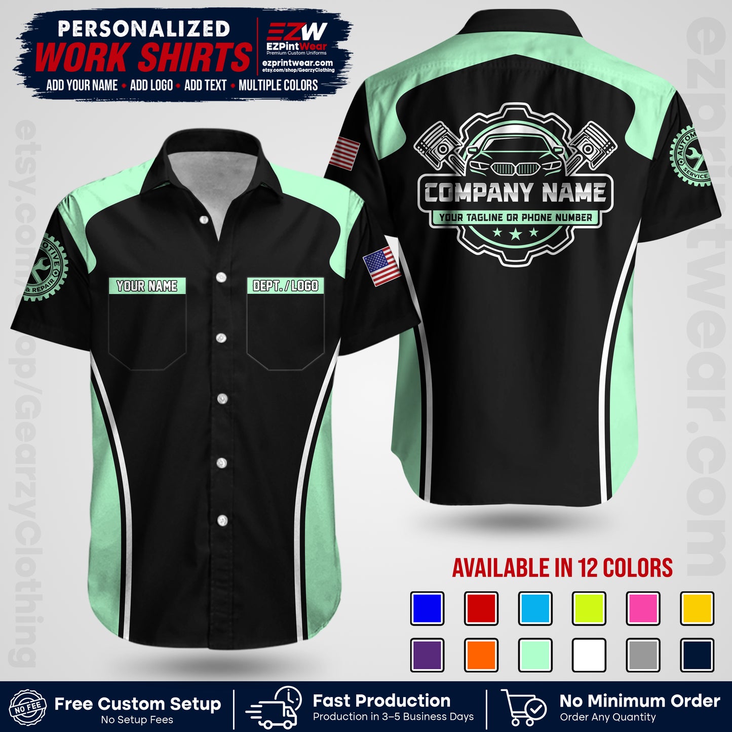 Custom Mechanic Work Shirt with Name, Logo & Text | Auto Shop Uniform | Workwear MCN 10