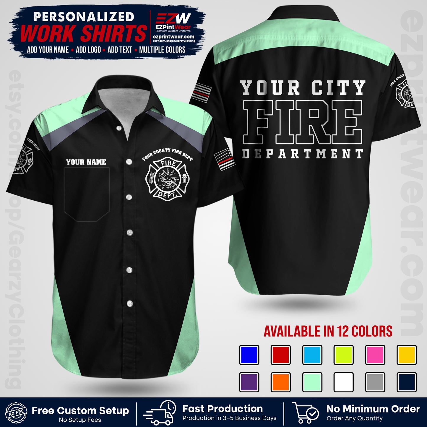 Custom Fire Department Shirt with Name, City Logo & Text | Firefighter Uniform | Button Up Work Shirt FF04
