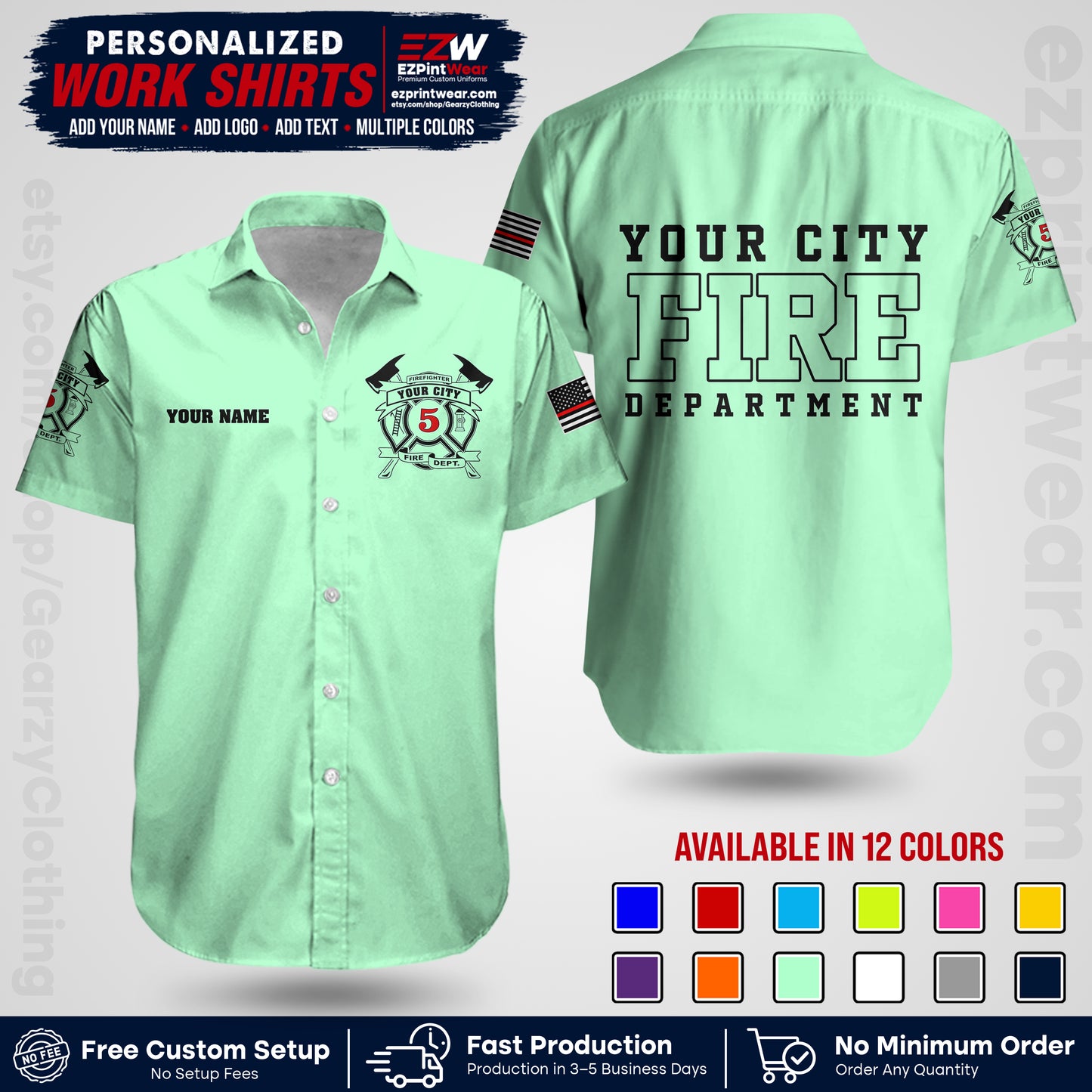 Custom Fire Department Shirt with Name, City Logo & Text | Firefighter Uniform | Button Up Work Shirt FF07