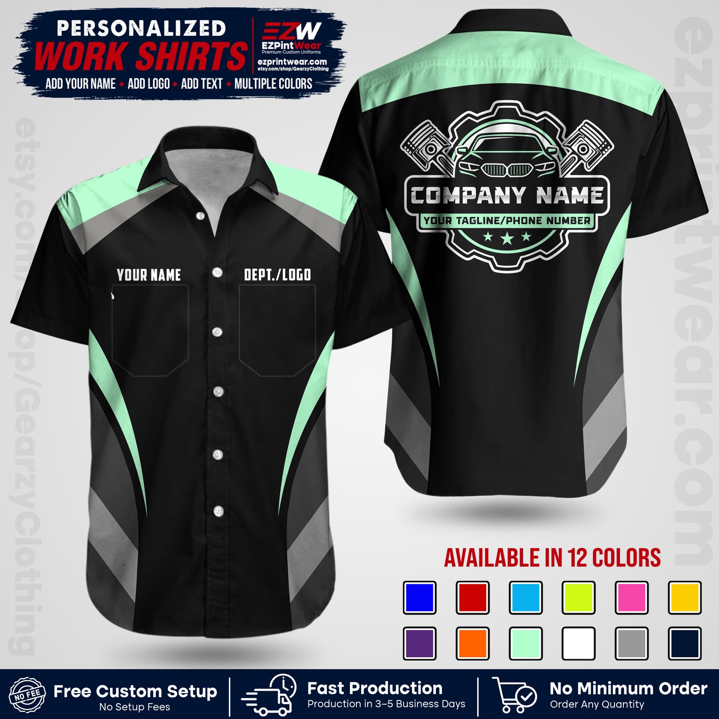 Custom Mechanic Work Shirt with Name, Logo & Text | Auto Shop Uniform | Workwear MCN 05