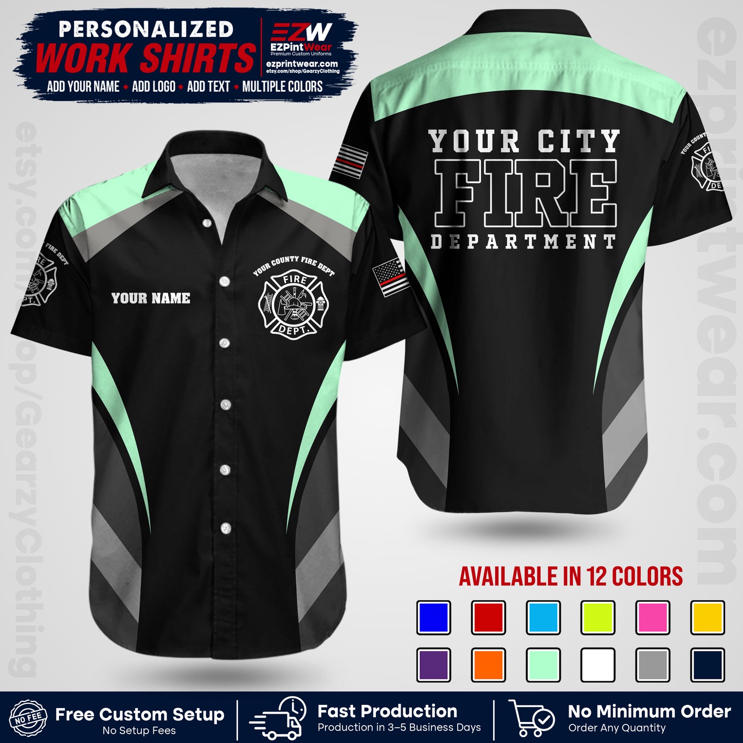 Custom Fire Department Shirt with Name, City Logo & Text | Firefighter Uniform | Button Up Work Shirt FF02