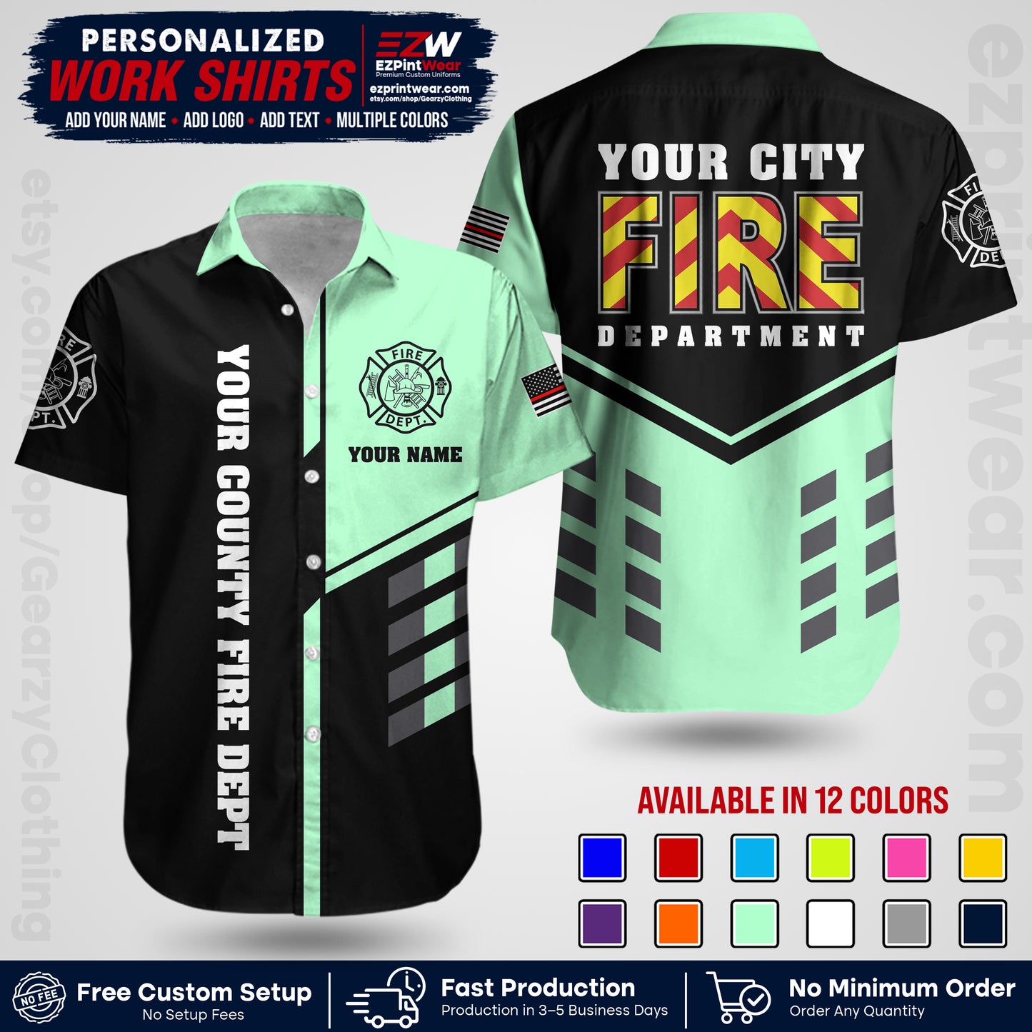 Custom Fire Department Shirt with Name, City Logo & Text | Firefighter Uniform | Button Up Work Shirt FF06