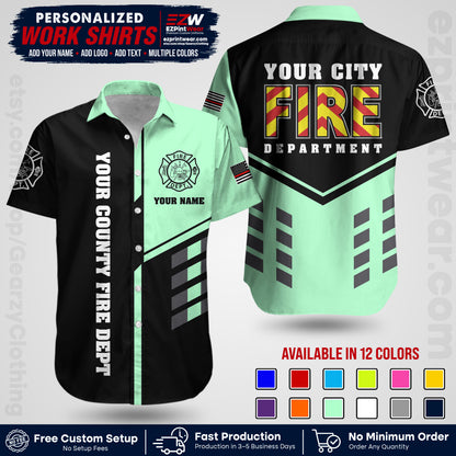 Custom Fire Department Shirt with Name, City Logo & Text | Firefighter Uniform | Button Up Work Shirt FF06