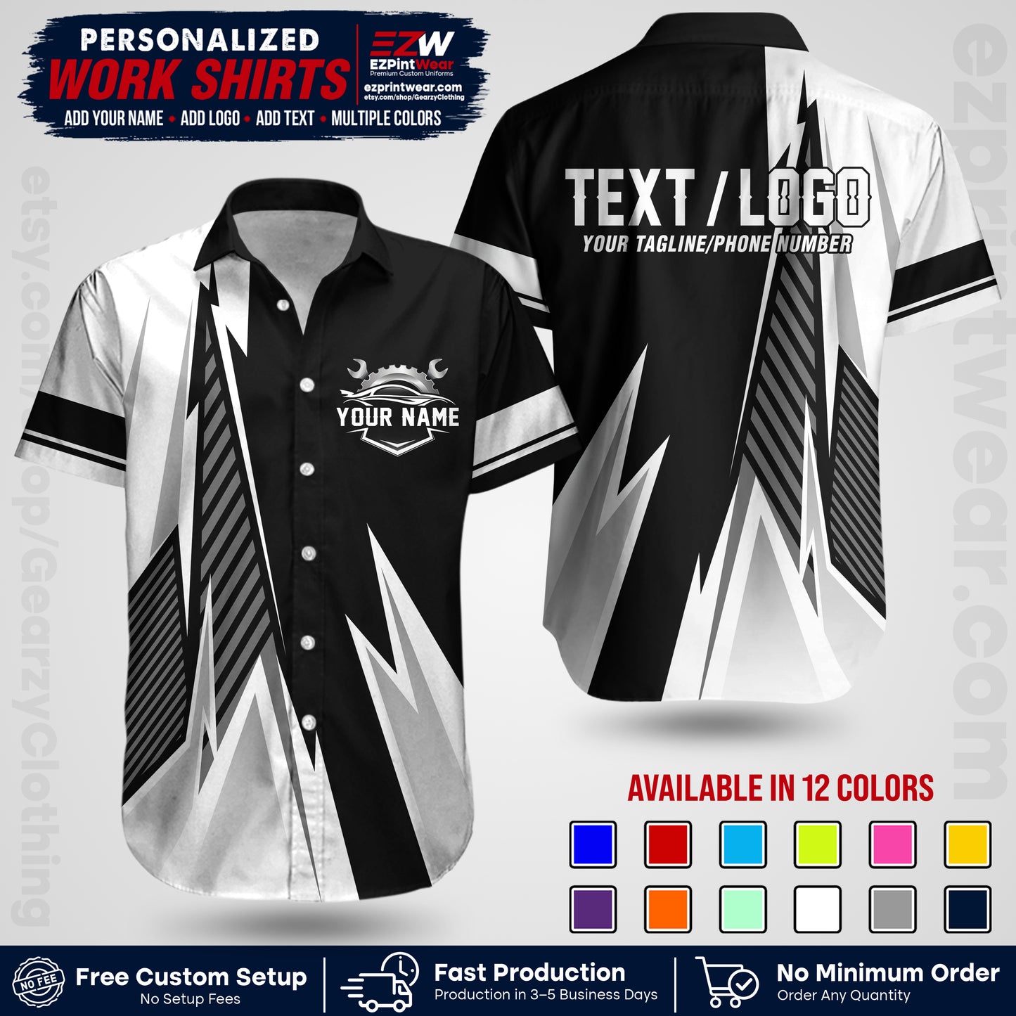 Custom Mechanic Work Shirt with Name, Logo & Text | Auto Shop Uniform | Workwear MCN 01