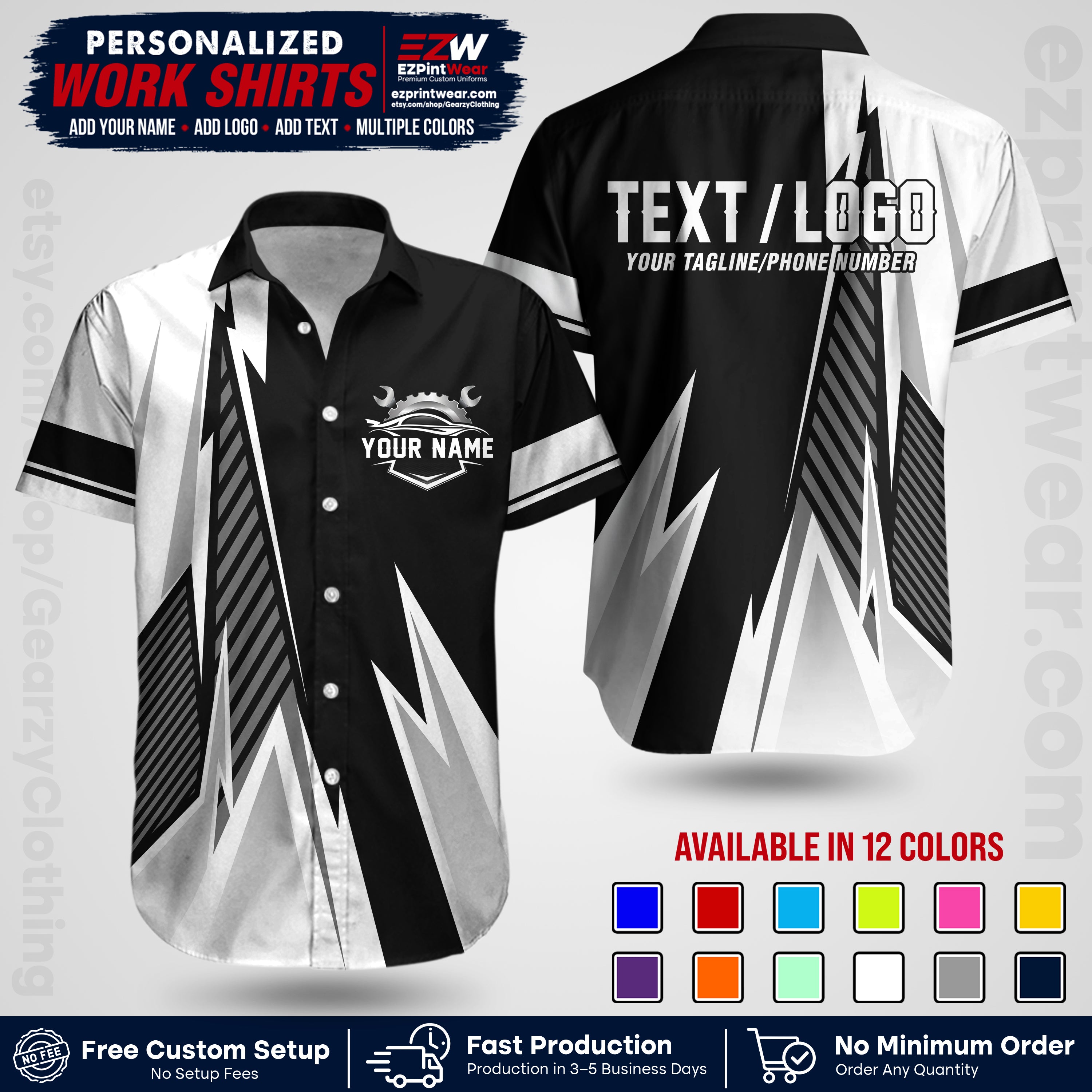 Custom Mechanic Work Shirt with Name, Logo & Text | Auto Shop Uniform | Workwear MCN 01