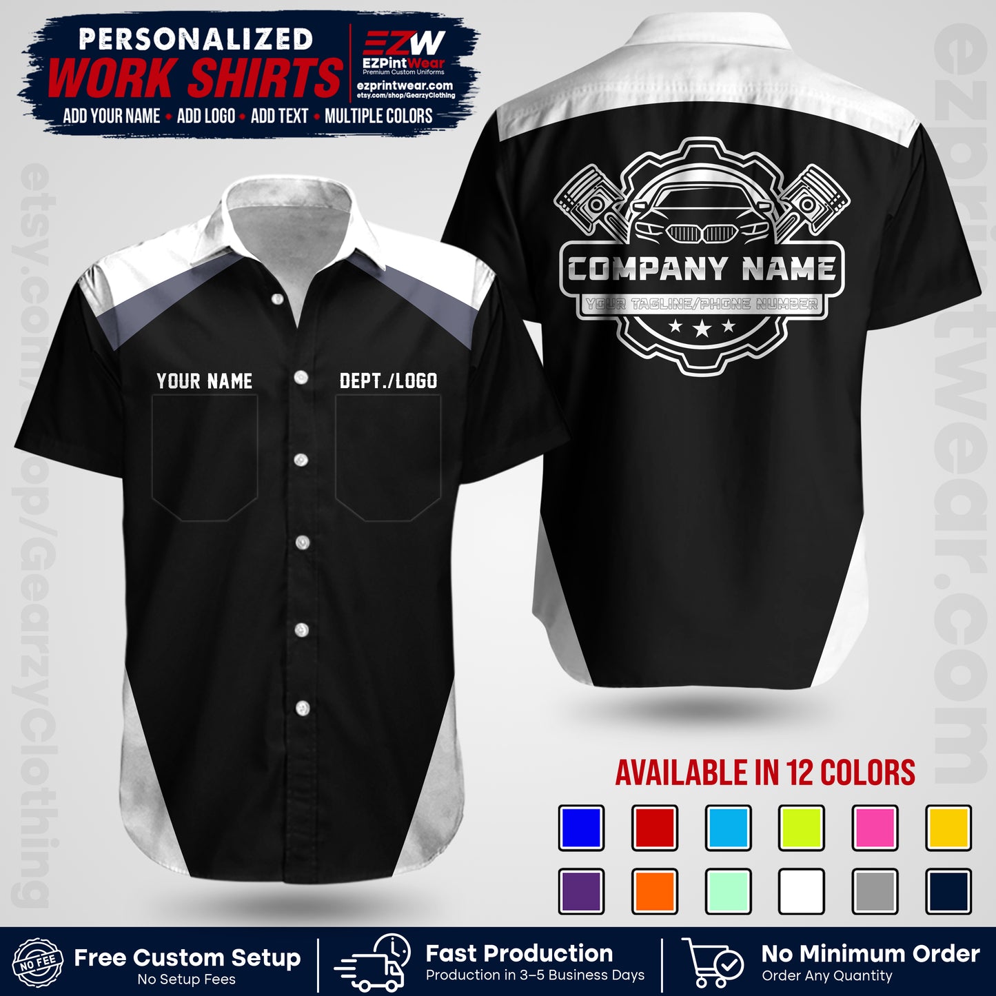 Custom Mechanic Work Shirt with Name, Logo & Text | Auto Shop Uniform | Workwear MCN 03