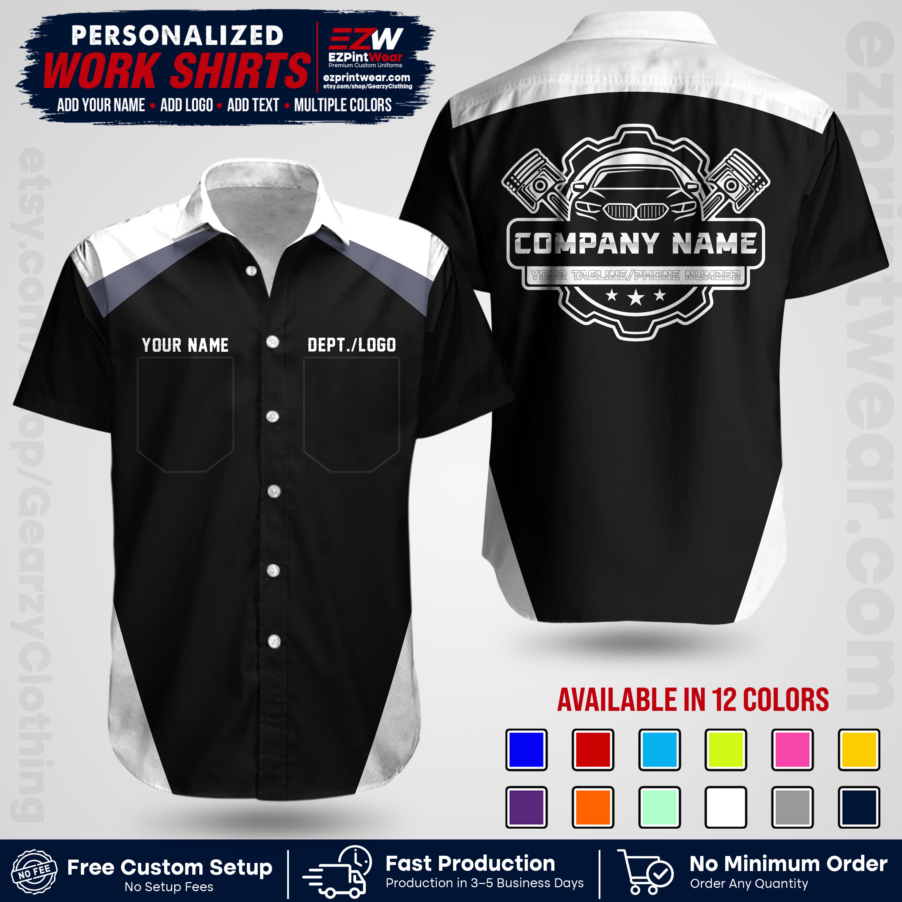 Custom Mechanic Work Shirt with Name, Logo & Text | Auto Shop Uniform | Workwear MCN 03