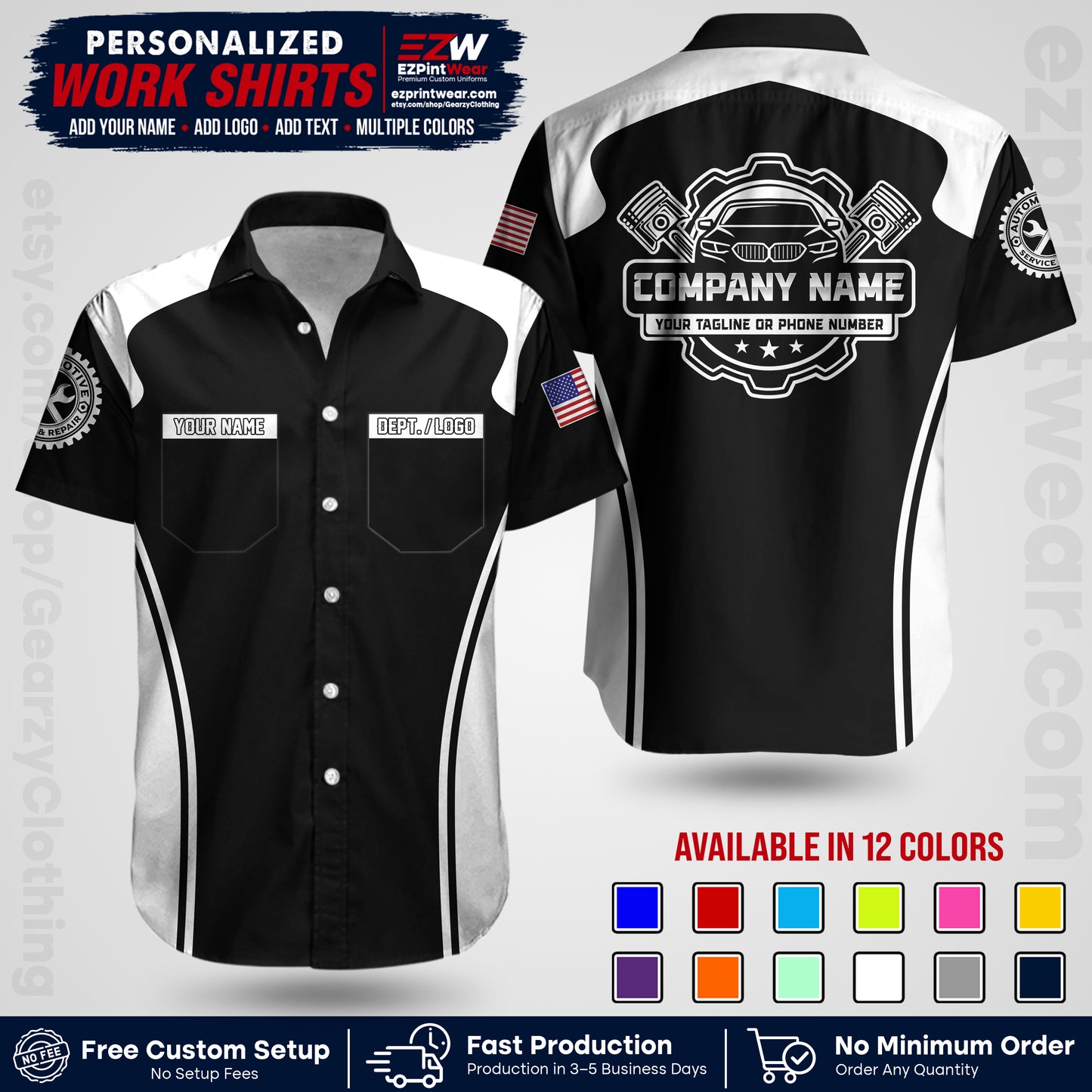 Custom Mechanic Work Shirt with Name, Logo & Text | Auto Shop Uniform | Workwear MCN 10