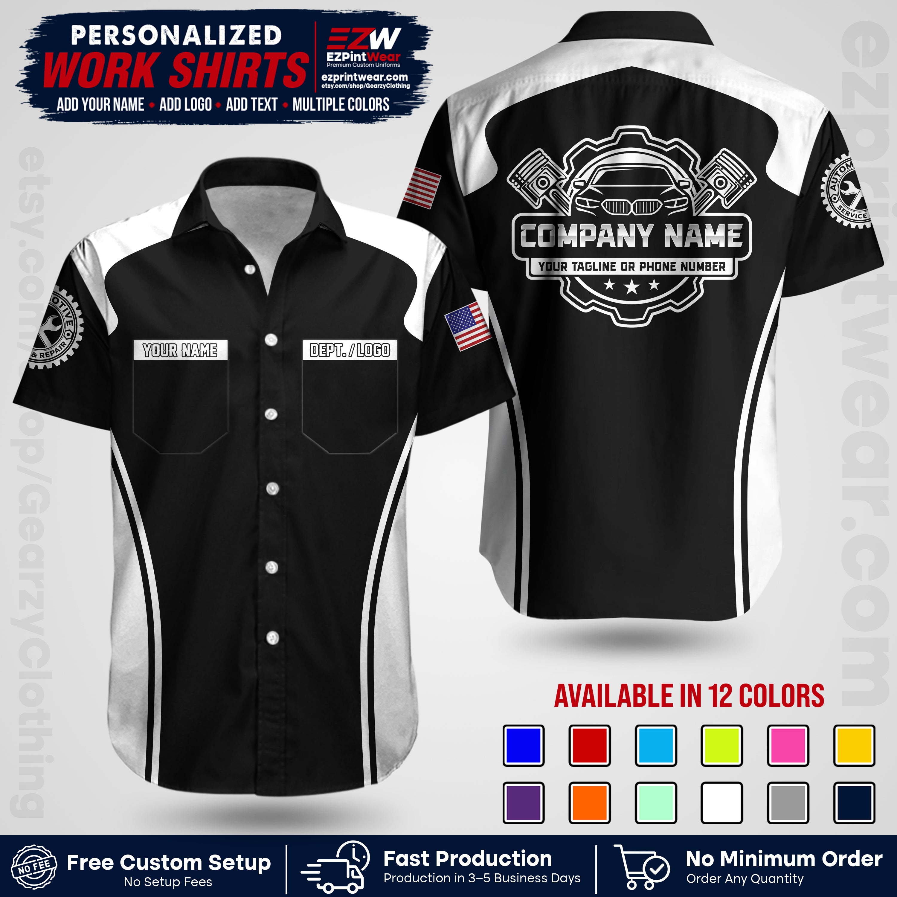 Custom Mechanic Work Shirt with Name, Logo & Text | Auto Shop Uniform | Workwear MCN 10