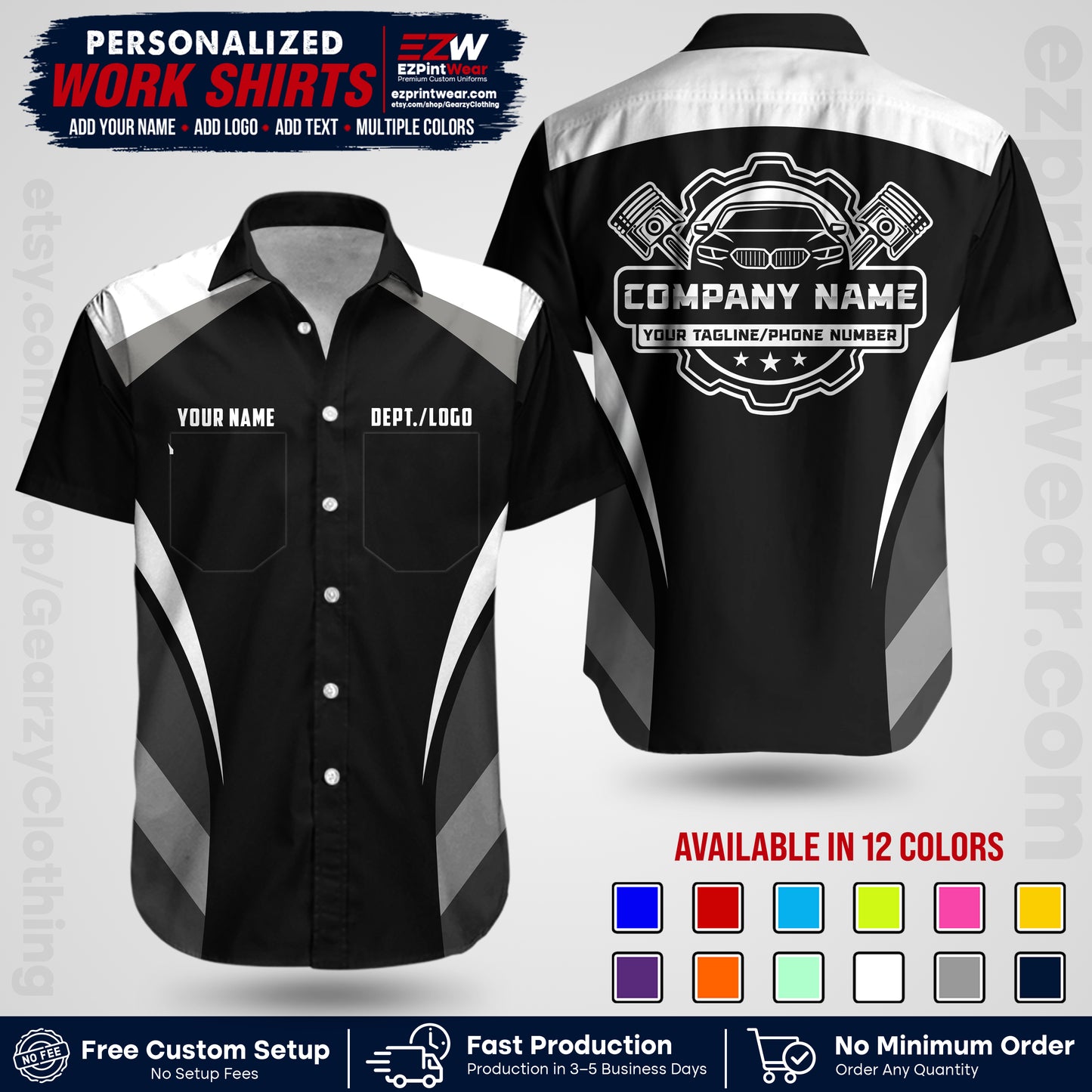 Custom Mechanic Work Shirt with Name, Logo & Text | Auto Shop Uniform | Workwear MCN 05