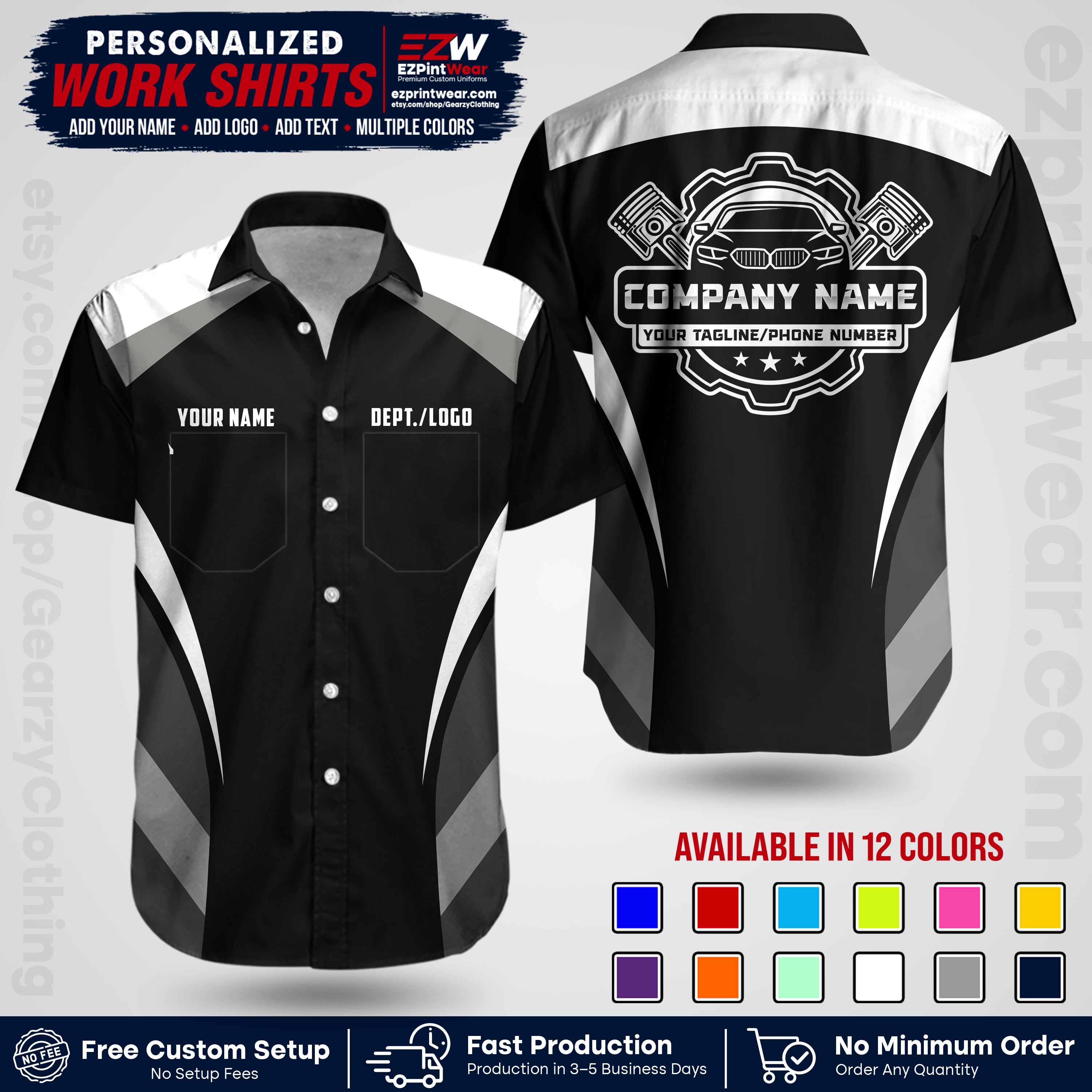 Custom Mechanic Work Shirt with Name, Logo & Text | Auto Shop Uniform | Workwear MCN 05