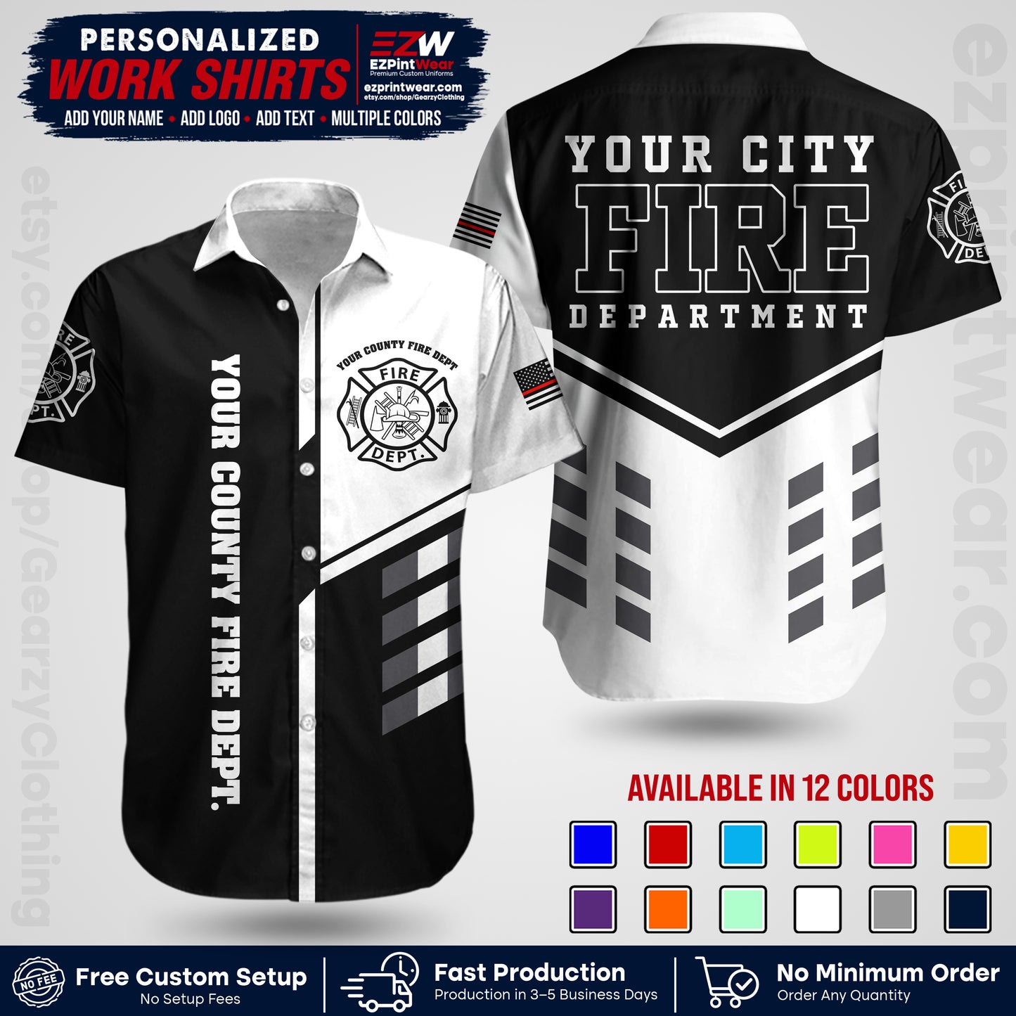 Custom Fire Department Shirt with Name, City Logo & Text | Firefighter Uniform | Button Up Work Shirt FF03