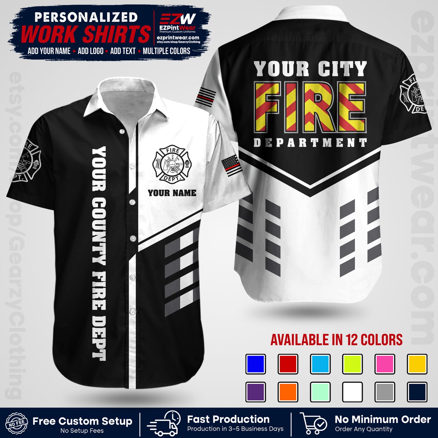 Custom Fire Department Shirt with Name, City Logo & Text | Firefighter Uniform | Button Up Work Shirt FF06