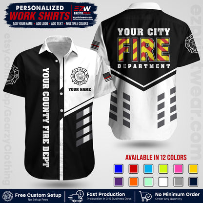 Custom Fire Department Shirt with Name, City Logo & Text | Firefighter Uniform | Button Up Work Shirt FF06