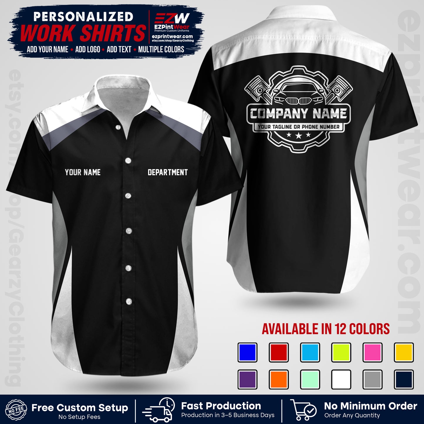 Custom Mechanic Work Shirt with Name, Logo & Text | Auto Shop Uniform | Workwear MCN 08