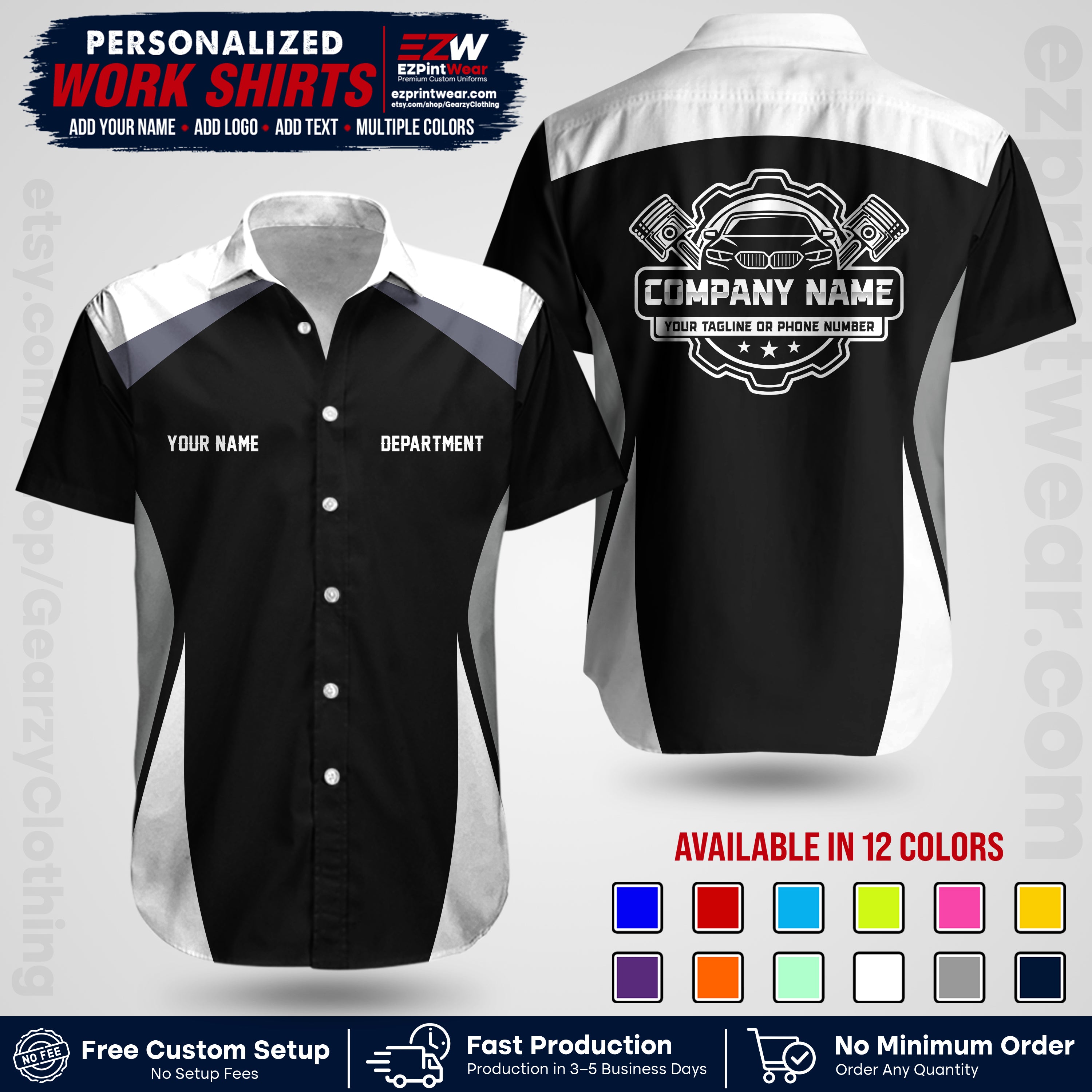 Custom Mechanic Work Shirt with Name, Logo & Text | Auto Shop Uniform | Workwear MCN 08