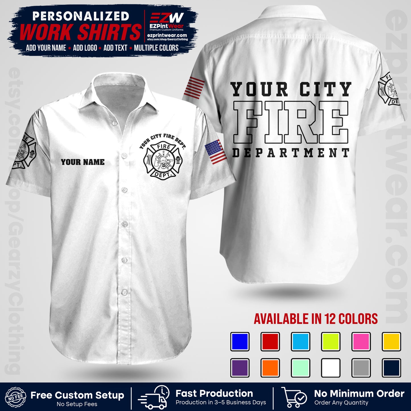 Custom Fire Department Shirt with Name, City Logo & Text | Firefighter Uniform | Button Up Work Shirt FF01