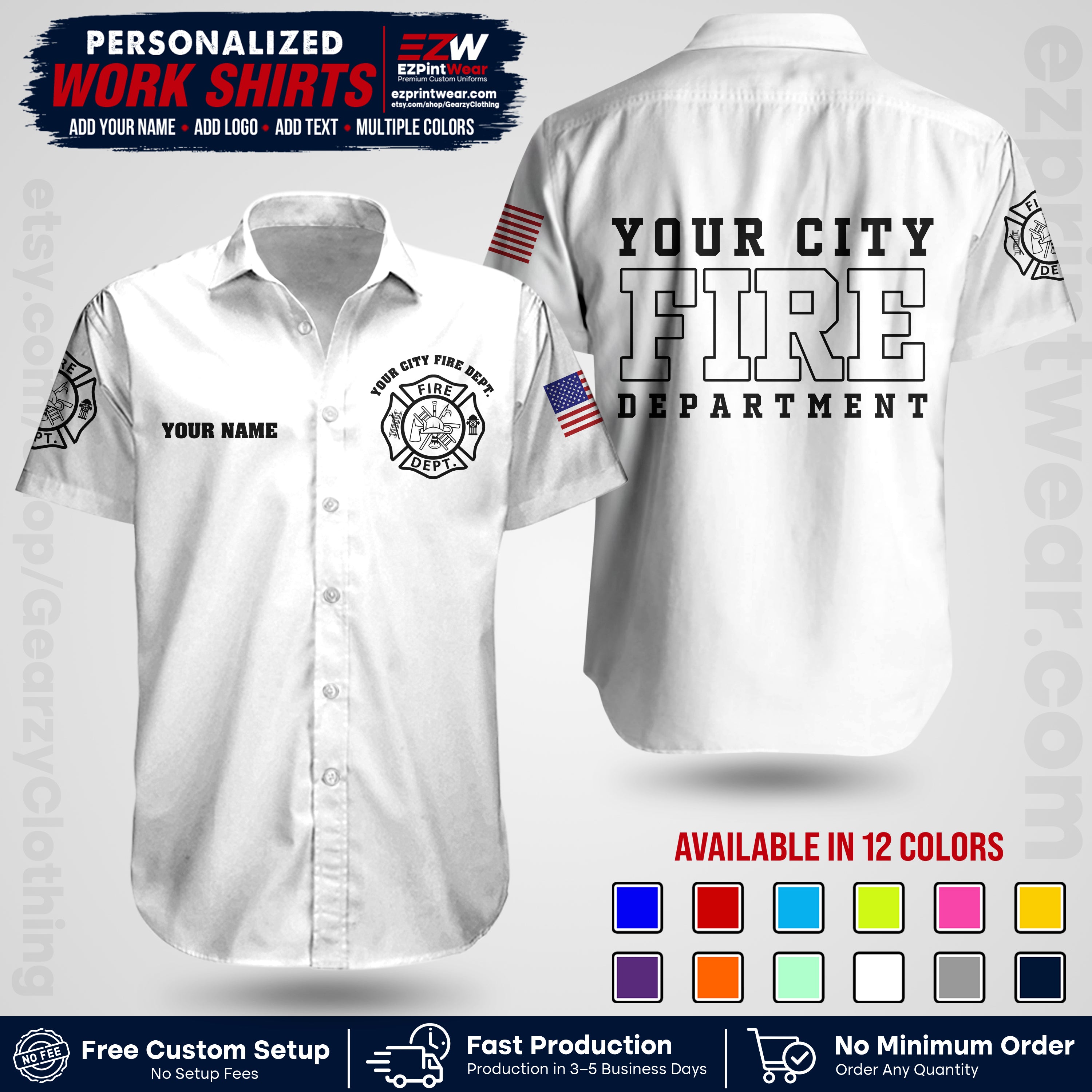 Custom Fire Department Shirt with Name, City Logo & Text | Firefighter Uniform | Button Up Work Shirt FF01