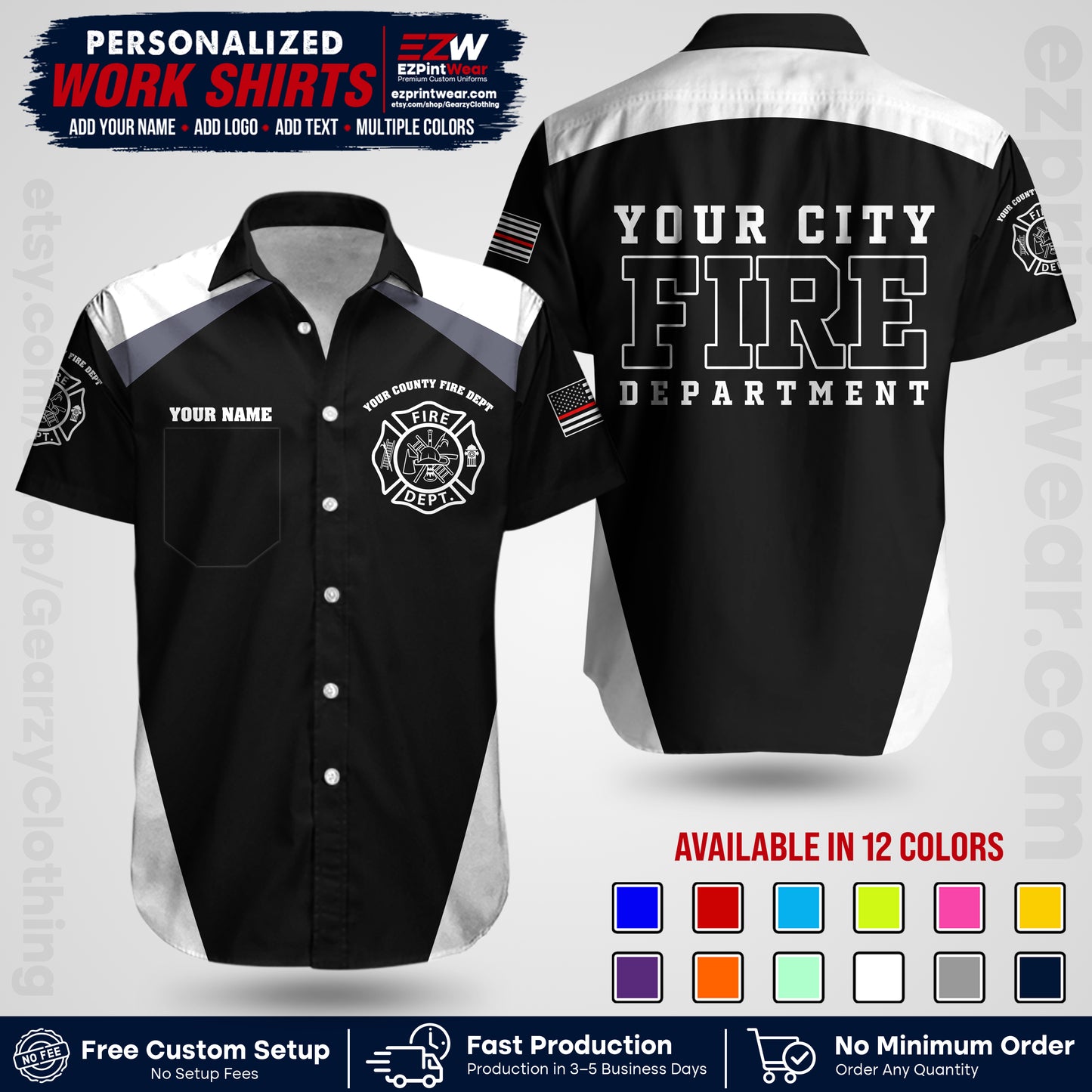 Custom Fire Department Shirt with Name, City Logo & Text | Firefighter Uniform | Button Up Work Shirt FF04