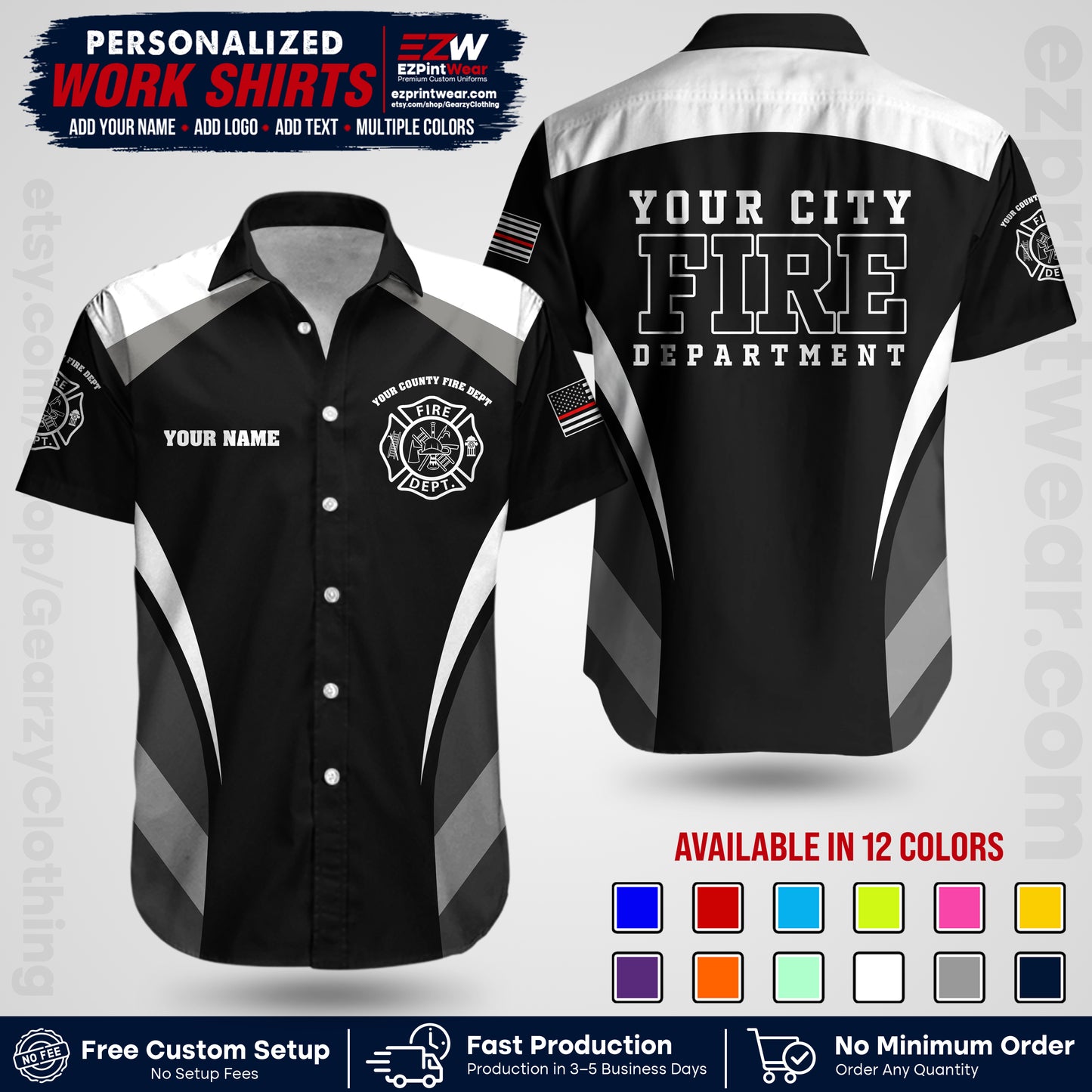 Custom Fire Department Shirt with Name, City Logo & Text | Firefighter Uniform | Button Up Work Shirt FF02