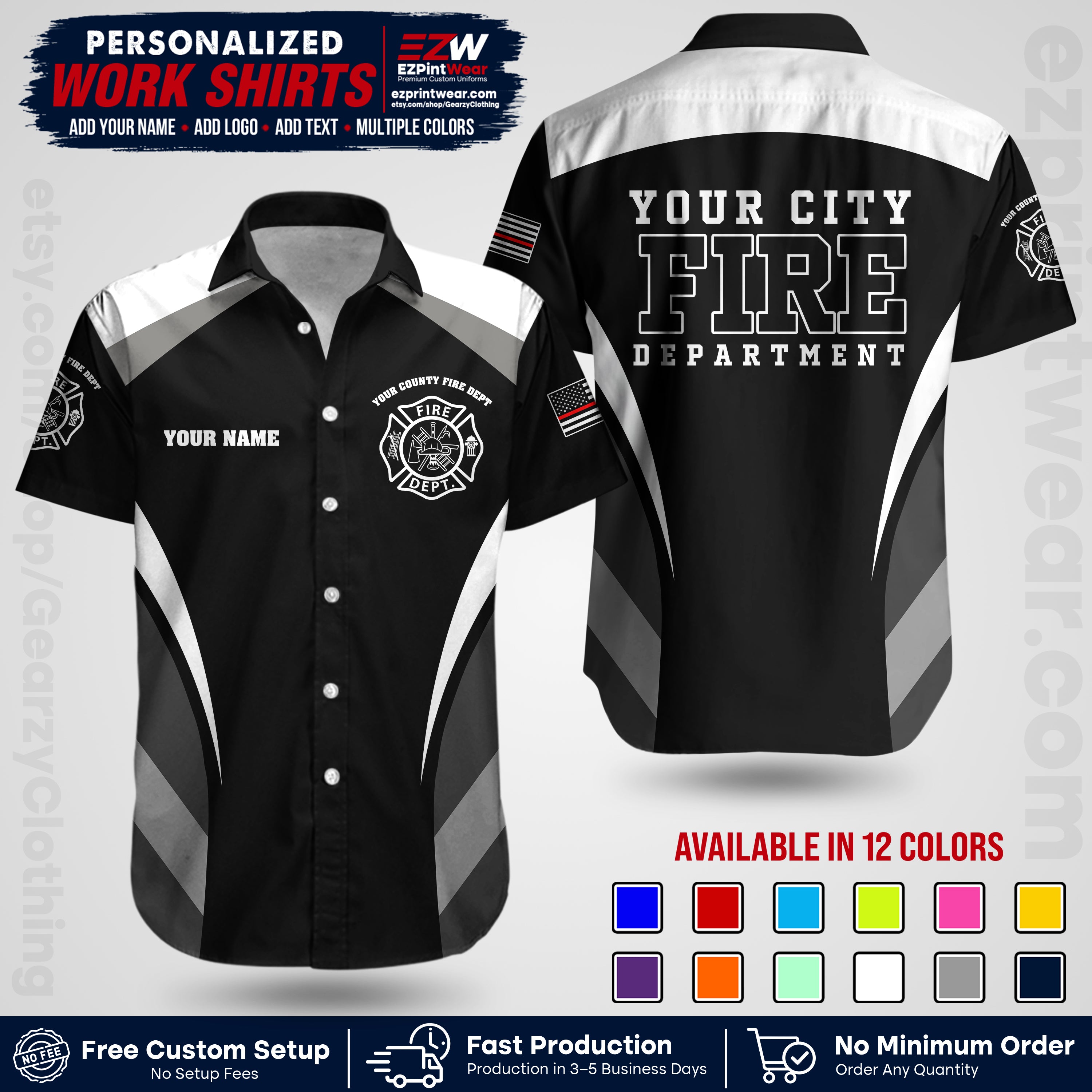 Custom Fire Department Shirt with Name, City Logo & Text | Firefighter Uniform | Button Up Work Shirt FF02