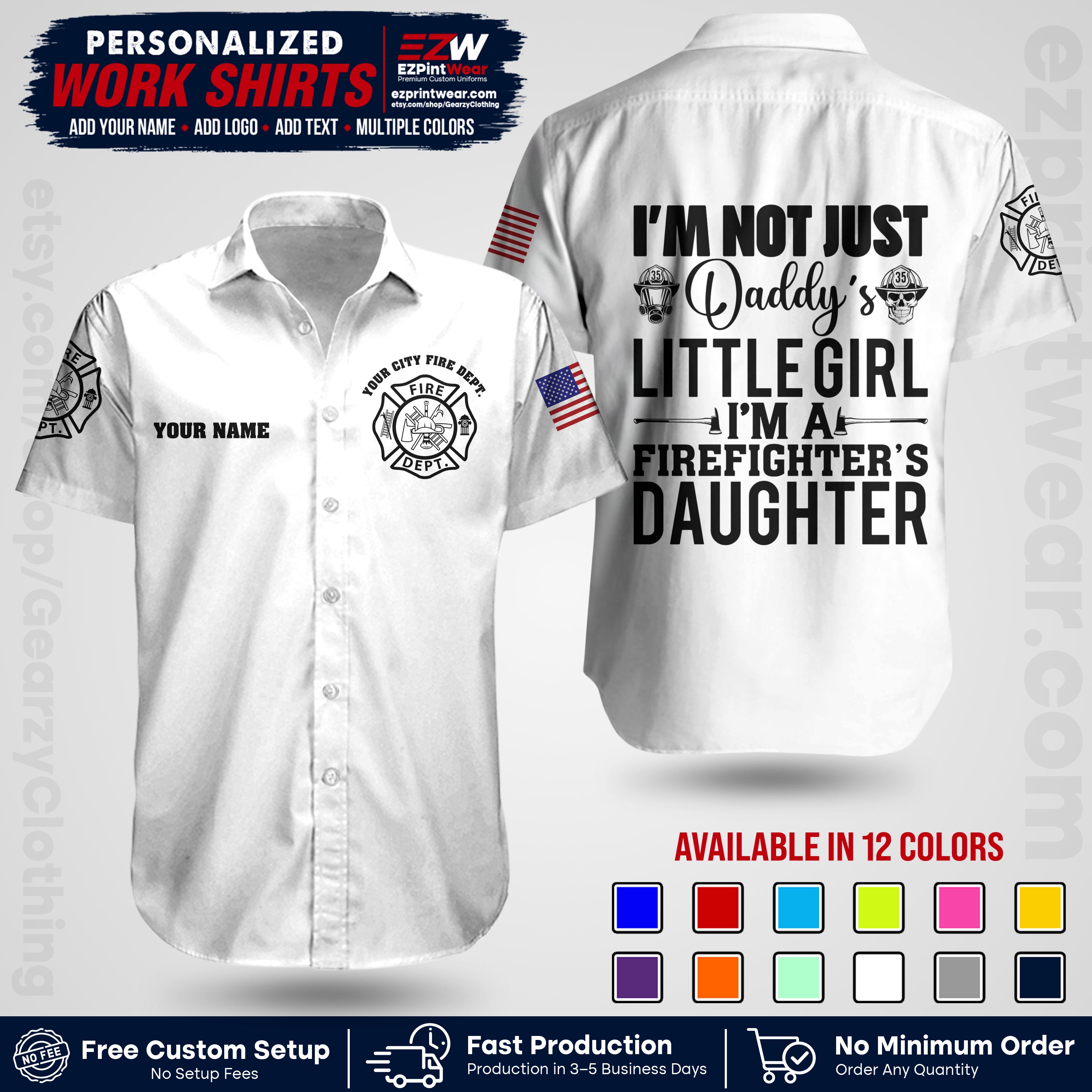 Custom Fire Department Shirt with Name, City Logo & Text | Firefighter Uniform | Button Up Work Shirt FF08