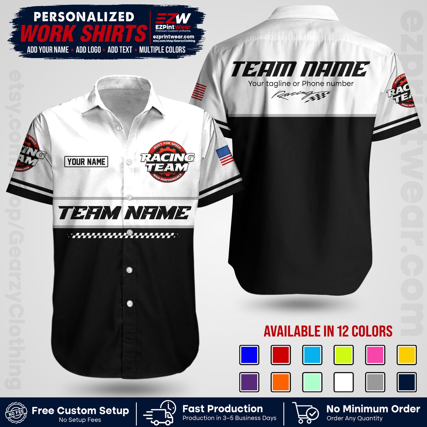 Custom Racing Shirt with Name, Logo & Text | Race Team Uniform | Crew Apparel RC12