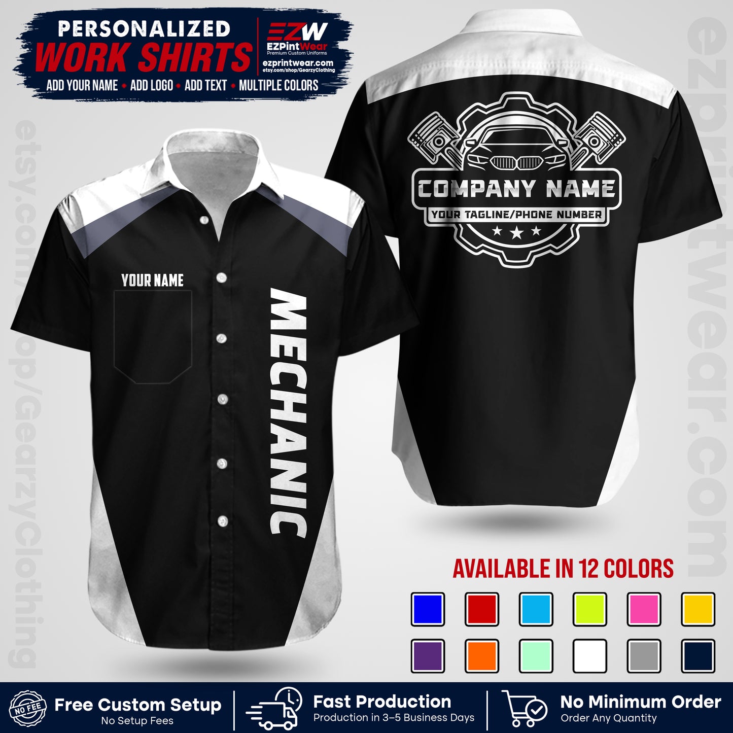 Custom Mechanic Work Shirt with Name, Logo & Text | Auto Shop Uniform | Workwear MCN 02