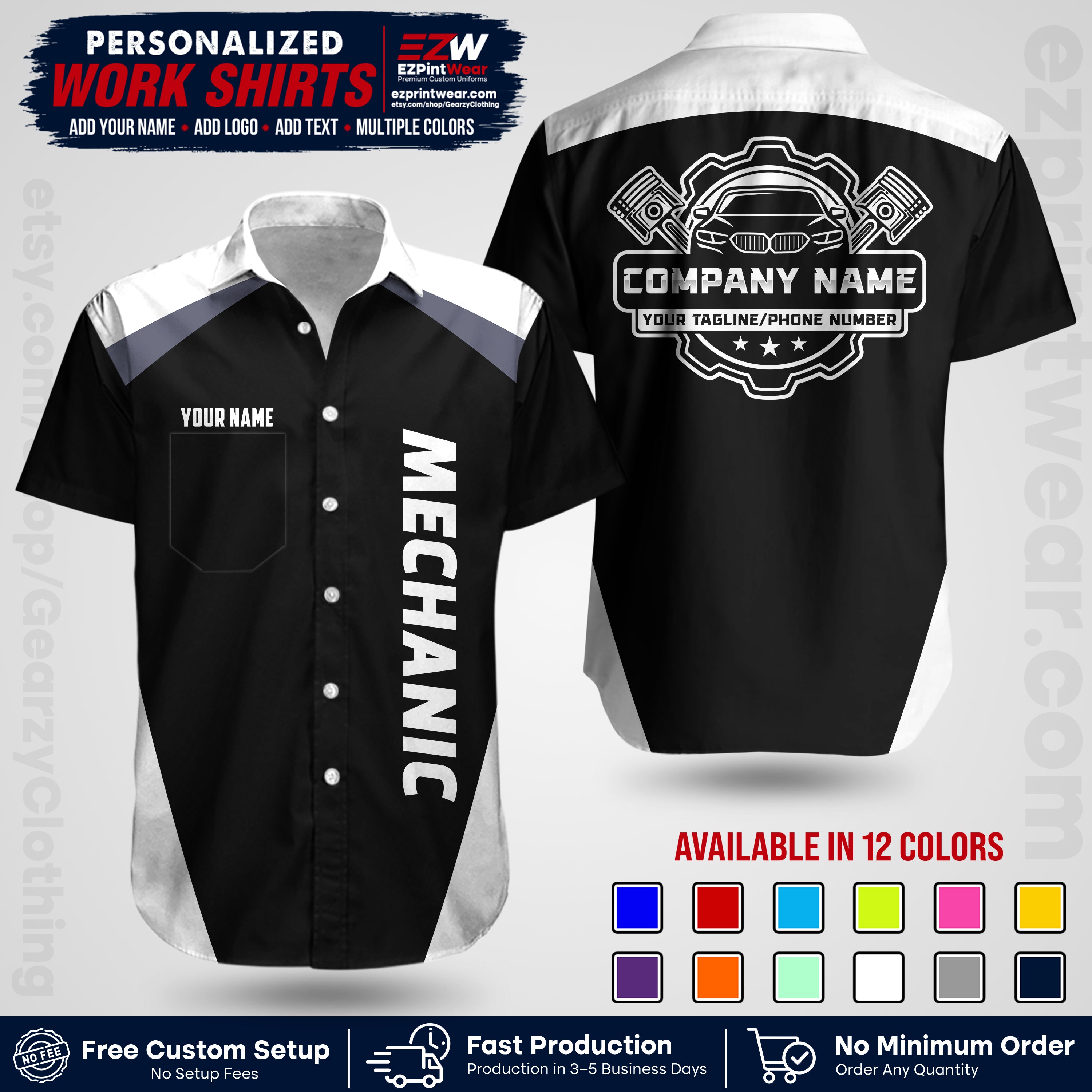 Custom Mechanic Work Shirt with Name, Logo & Text | Auto Shop Uniform | Workwear MCN 02
