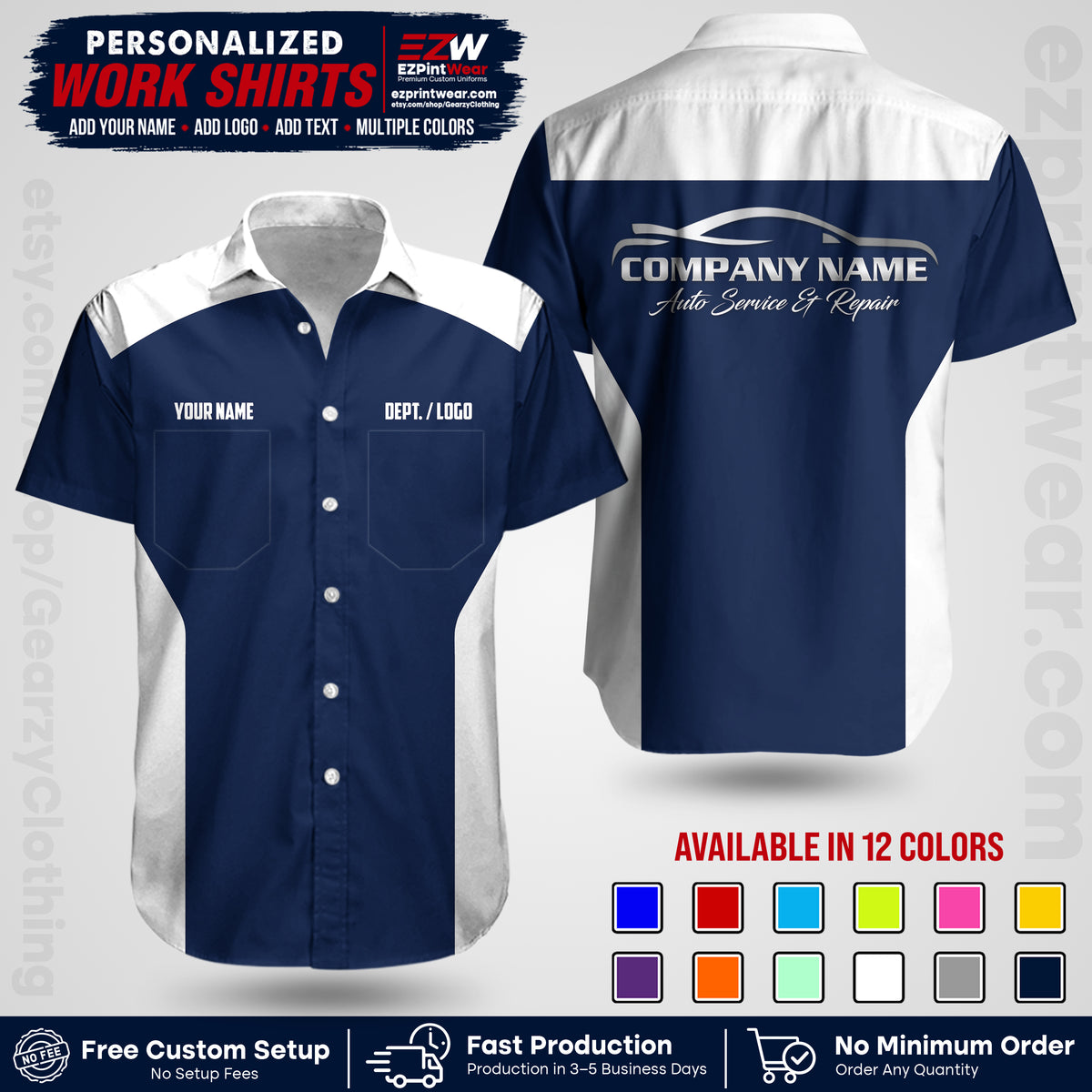 Custom Mechanic Work Shirt with Name, Logo & Text | Auto Shop Uniform | Workwear MCN 3926