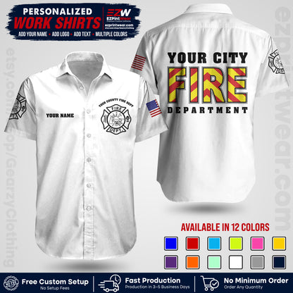 Custom Fire Department Shirt with Name, City Logo & Text | Firefighter Uniform | Button Up Work Shirt FF05