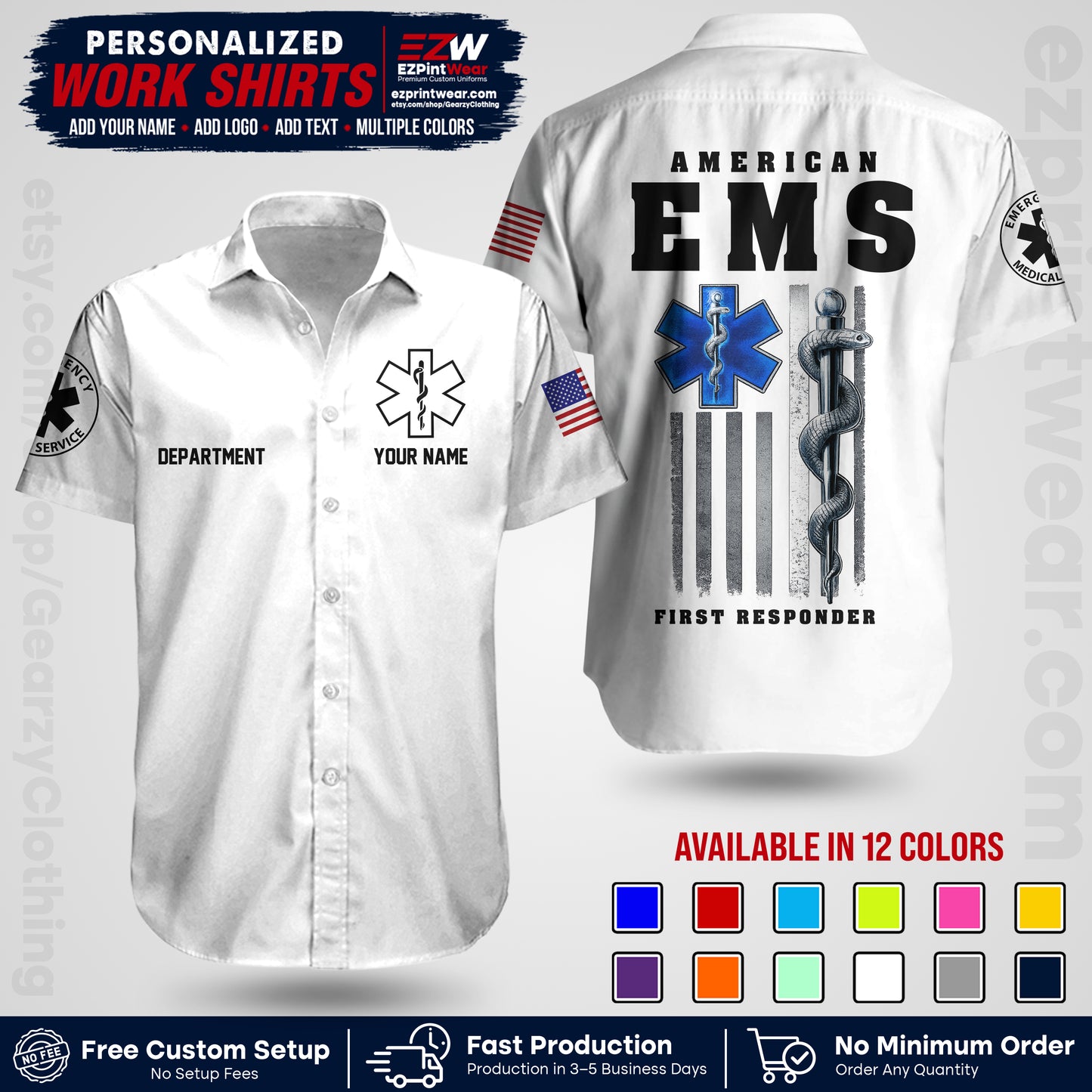 Custom EMS Shirt with Name, Logo & Text | EMS Team Uniform | First Responder Workwear EMSU03