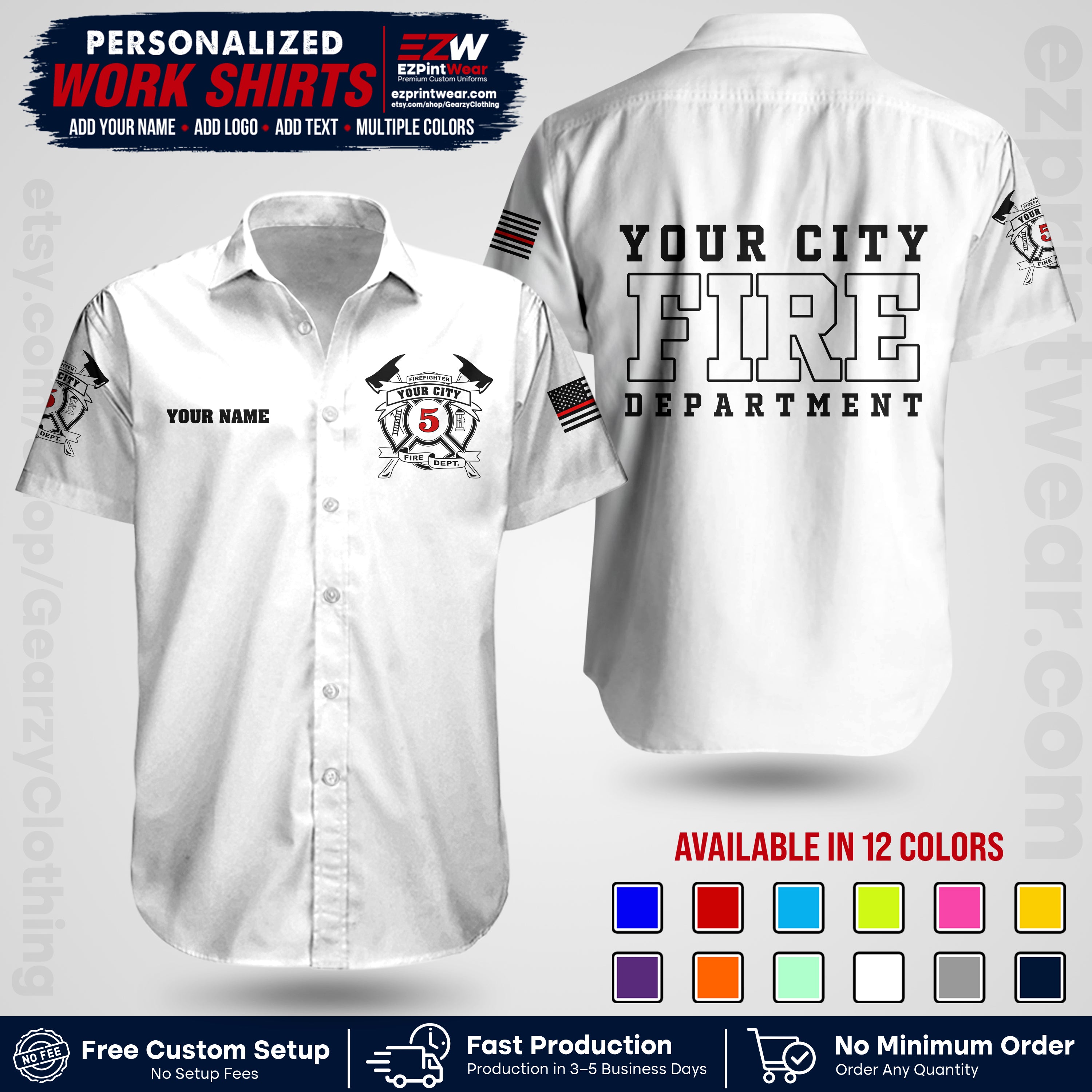 Custom Fire Department Shirt with Name, City Logo & Text | Firefighter Uniform | Button Up Work Shirt FF07