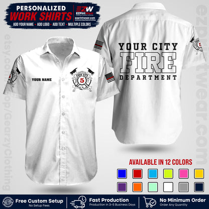 Custom Fire Department Shirt with Name, City Logo & Text | Firefighter Uniform | Button Up Work Shirt FF07