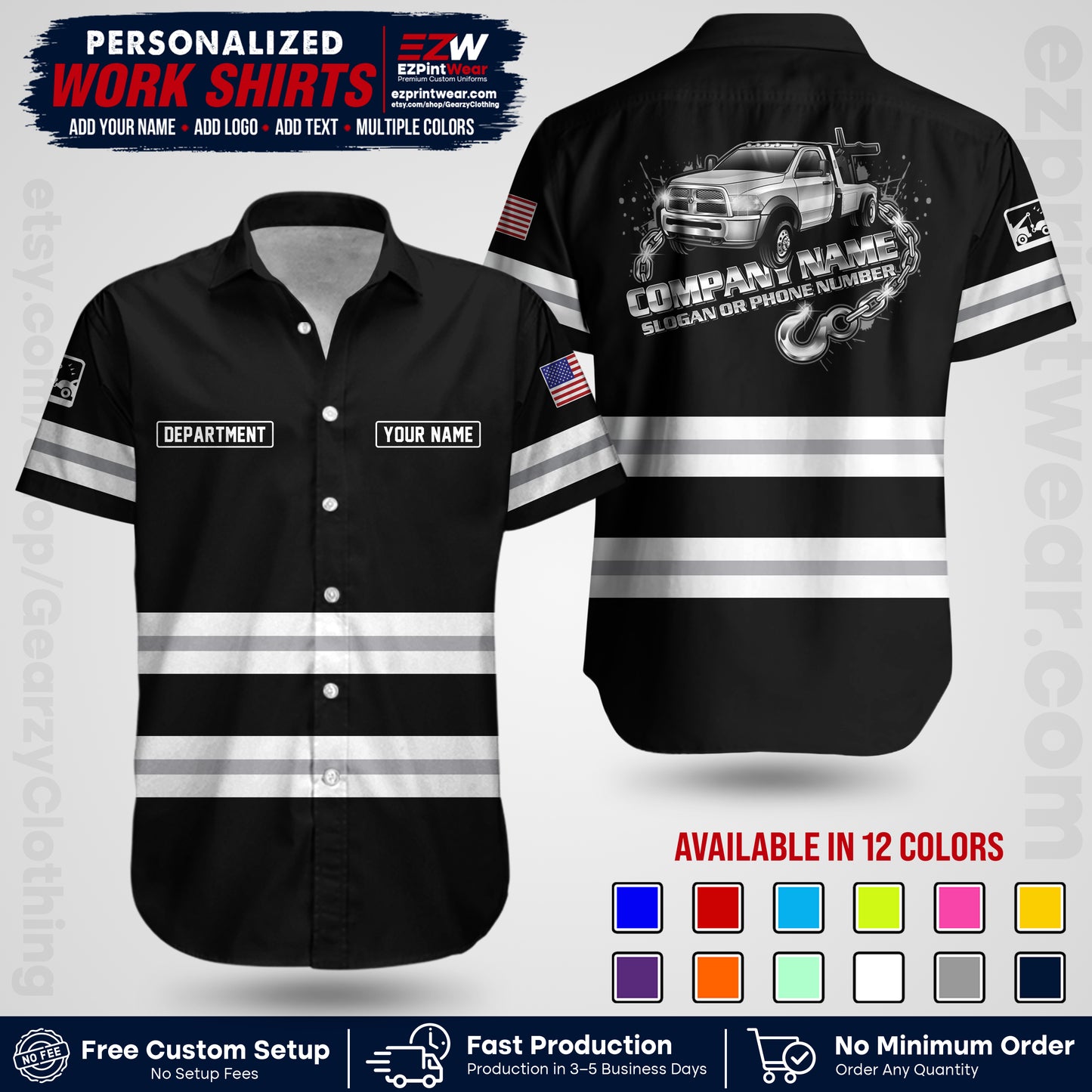 Custom Towing Workwear Uniform | Personalized Tow Truck Shirt | Non-Reflective Safety Stripe Apparel | Custom Towing Shirt | Tow Truck Apparel TW05