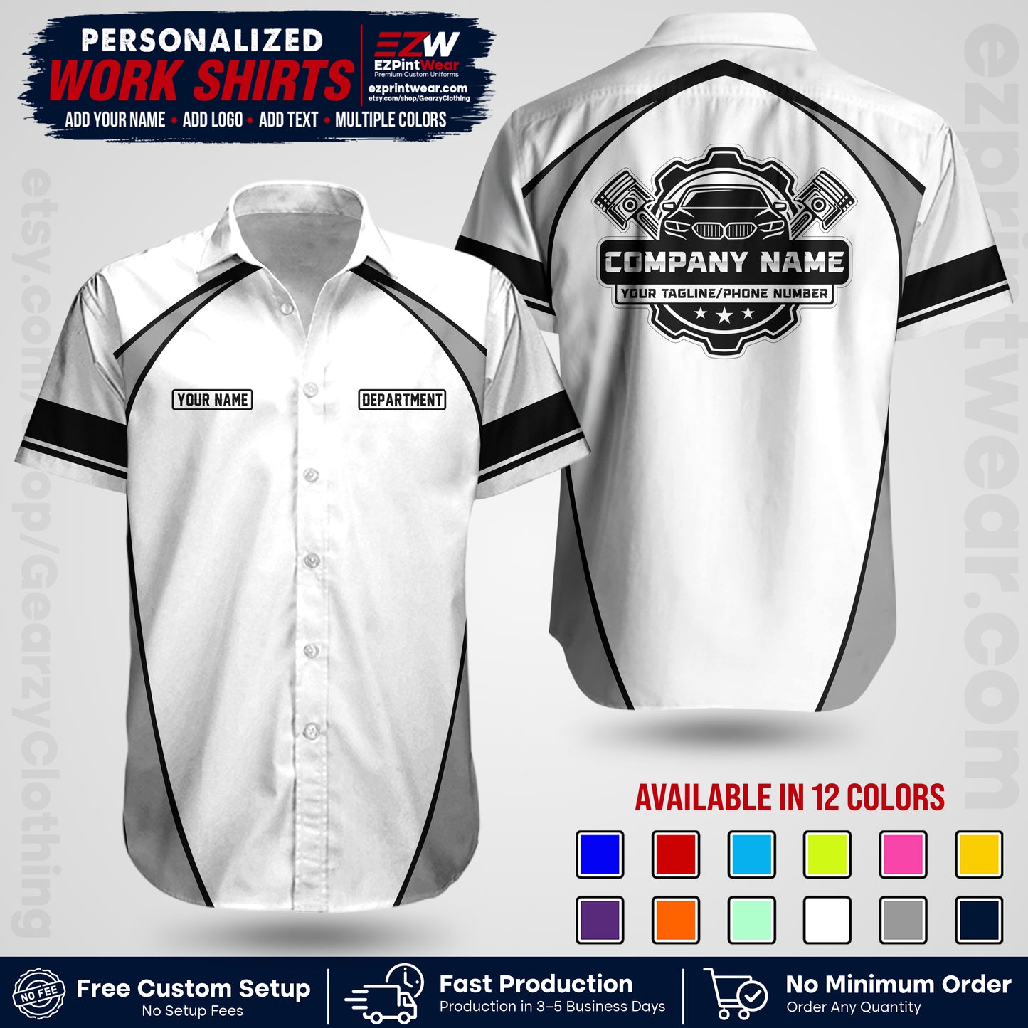 Custom Mechanic Work Shirt with Name, Logo & Text | Auto Shop Uniform | Workwear MCN 09