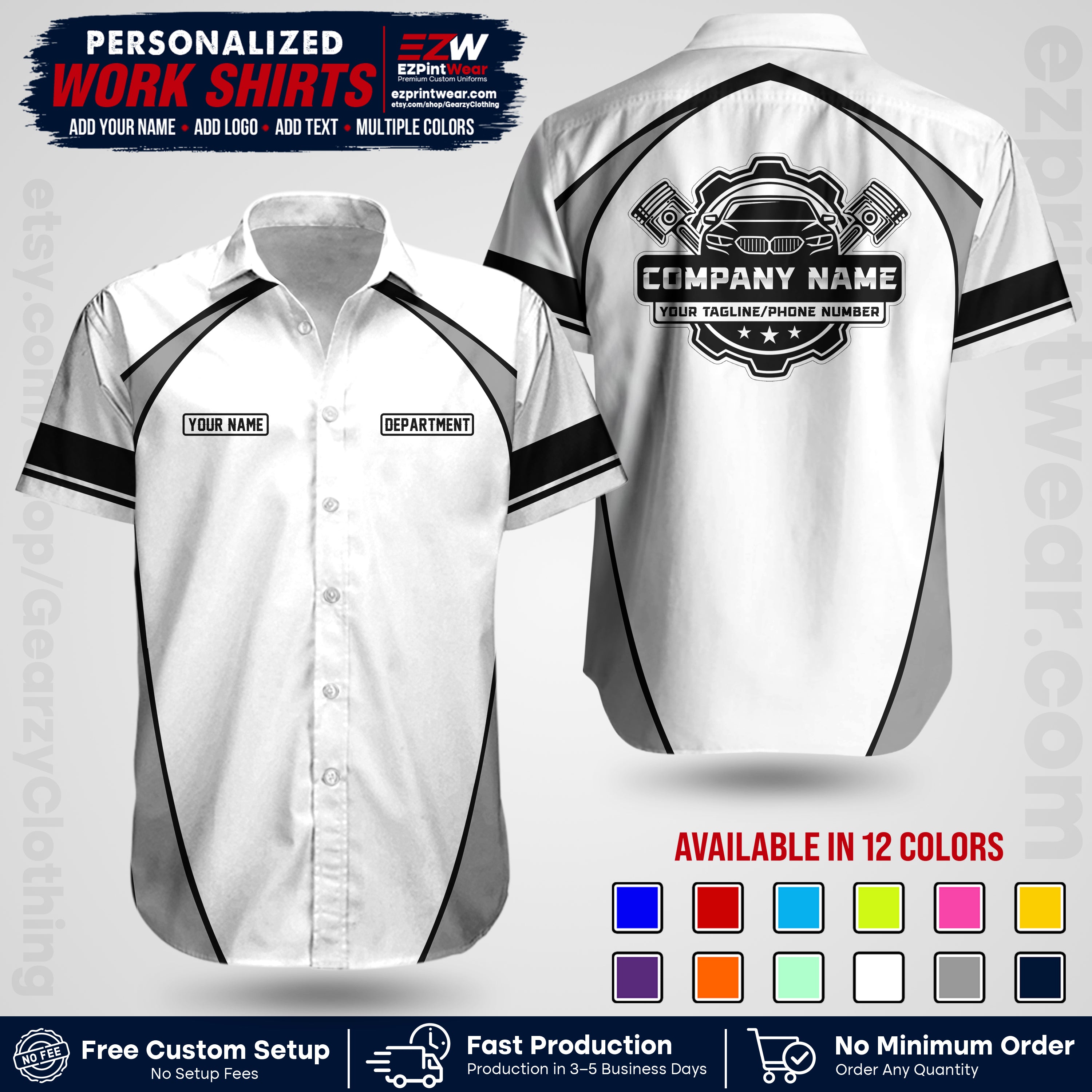 Custom Mechanic Work Shirt with Name, Logo & Text | Auto Shop Uniform | Workwear MCN 09
