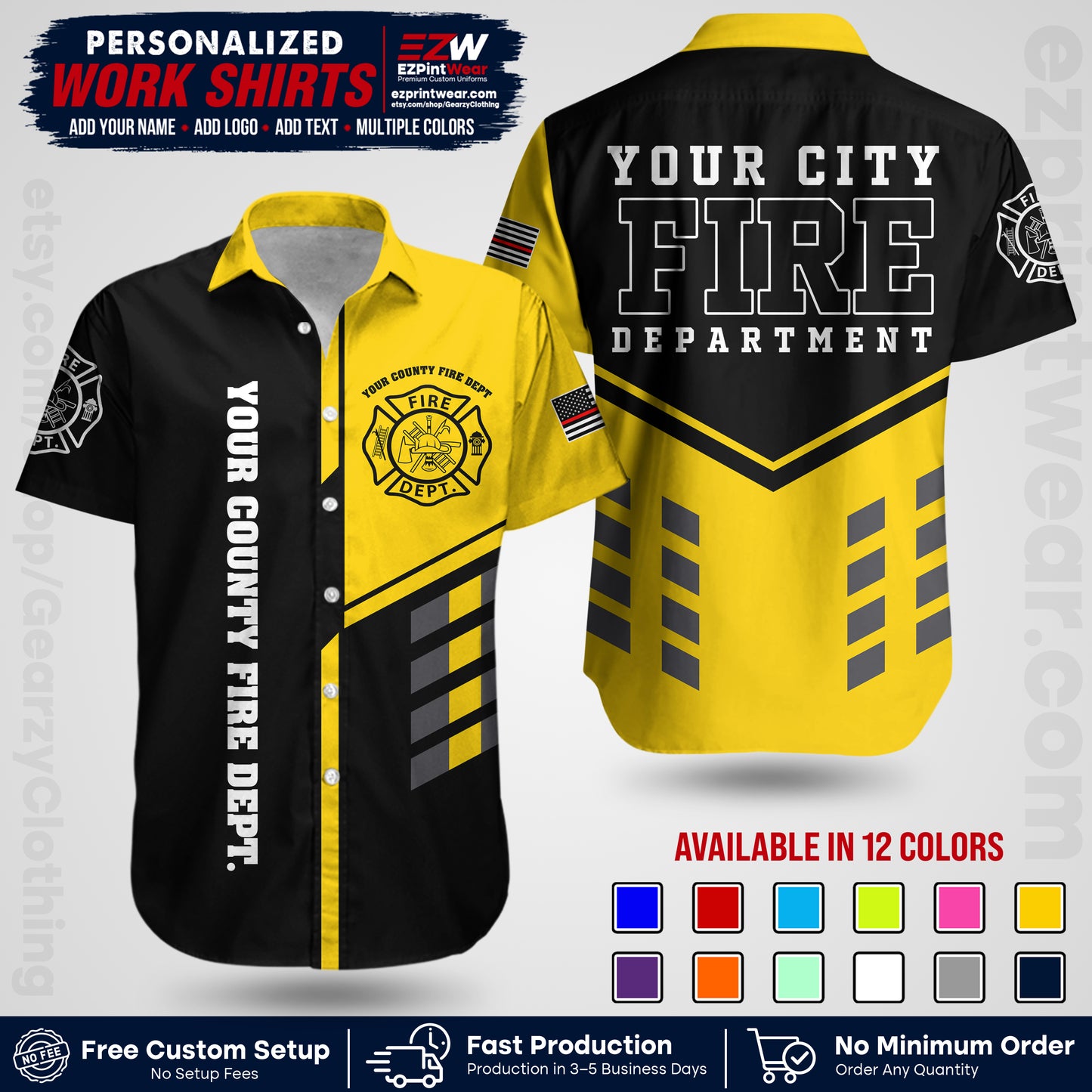 Custom Fire Department Shirt with Name, City Logo & Text | Firefighter Uniform | Button Up Work Shirt FF03