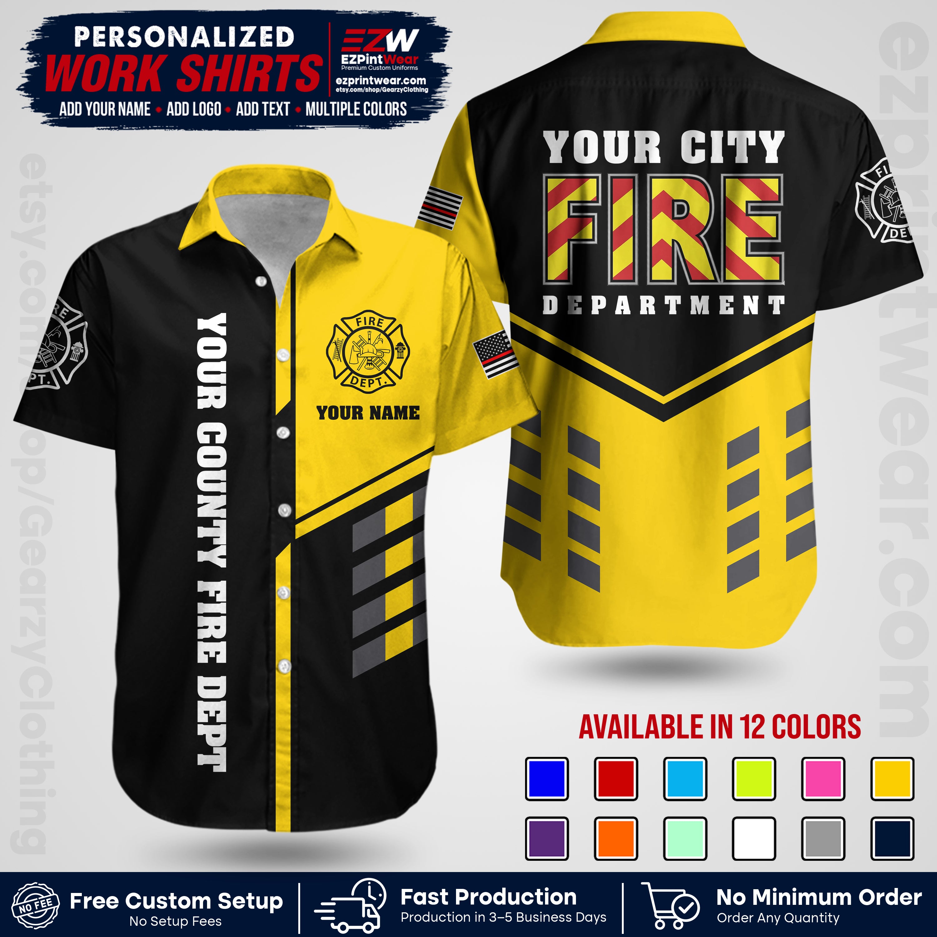 Custom Fire Department Shirt with Name, City Logo & Text | Firefighter Uniform | Button Up Work Shirt FF06