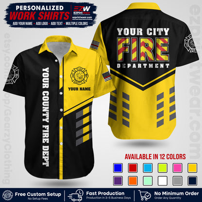 Custom Fire Department Shirt with Name, City Logo & Text | Firefighter Uniform | Button Up Work Shirt FF06