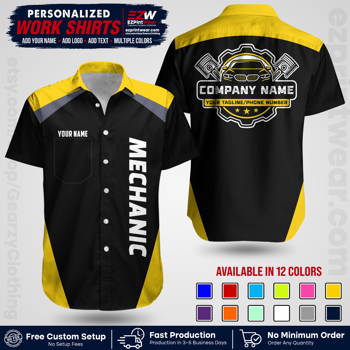 Custom Mechanic Work Shirt with Name, Logo & Text | Auto Shop Uniform | Workwear MCN 02