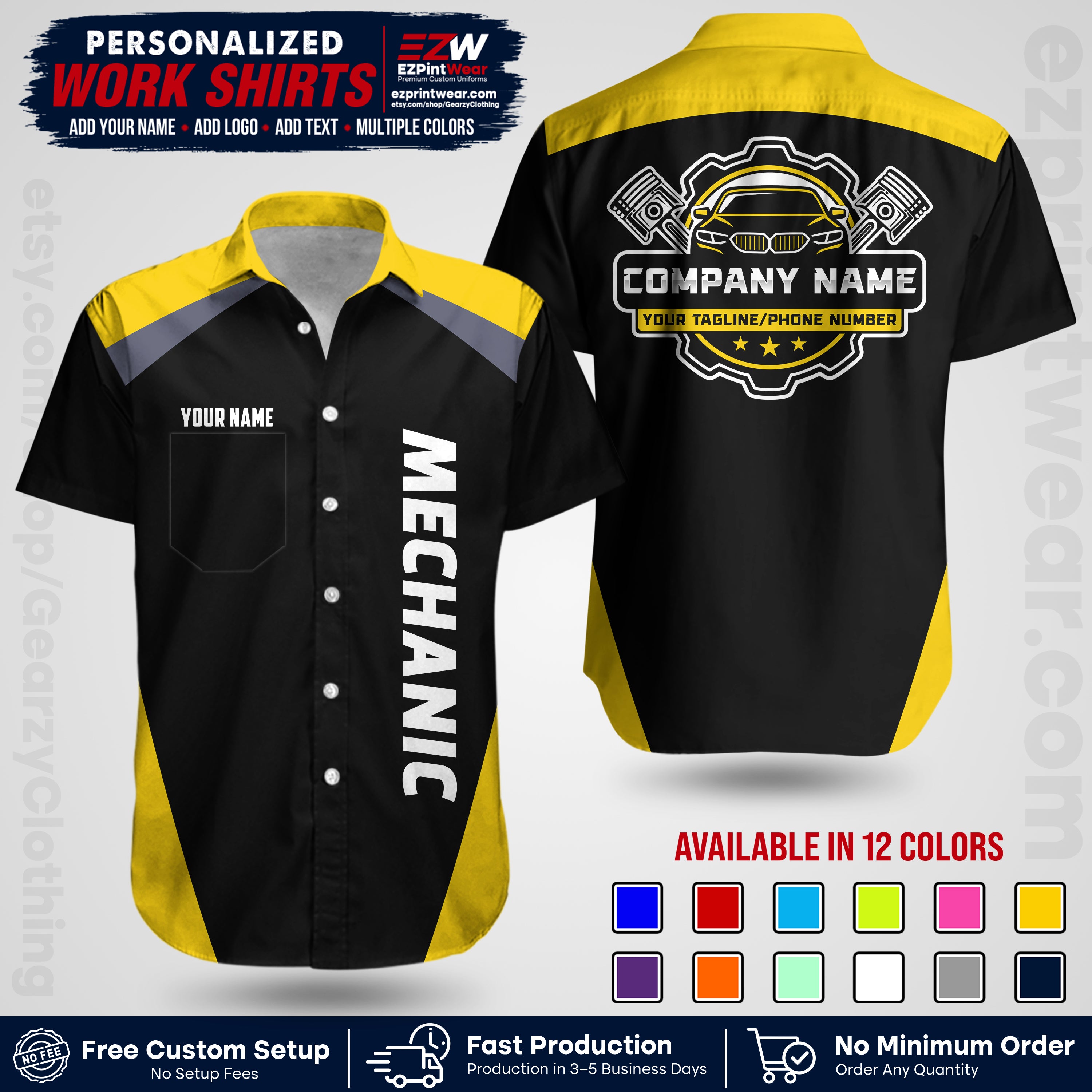 Custom Mechanic Work Shirt with Name, Logo & Text | Auto Shop Uniform | Workwear MCN 02