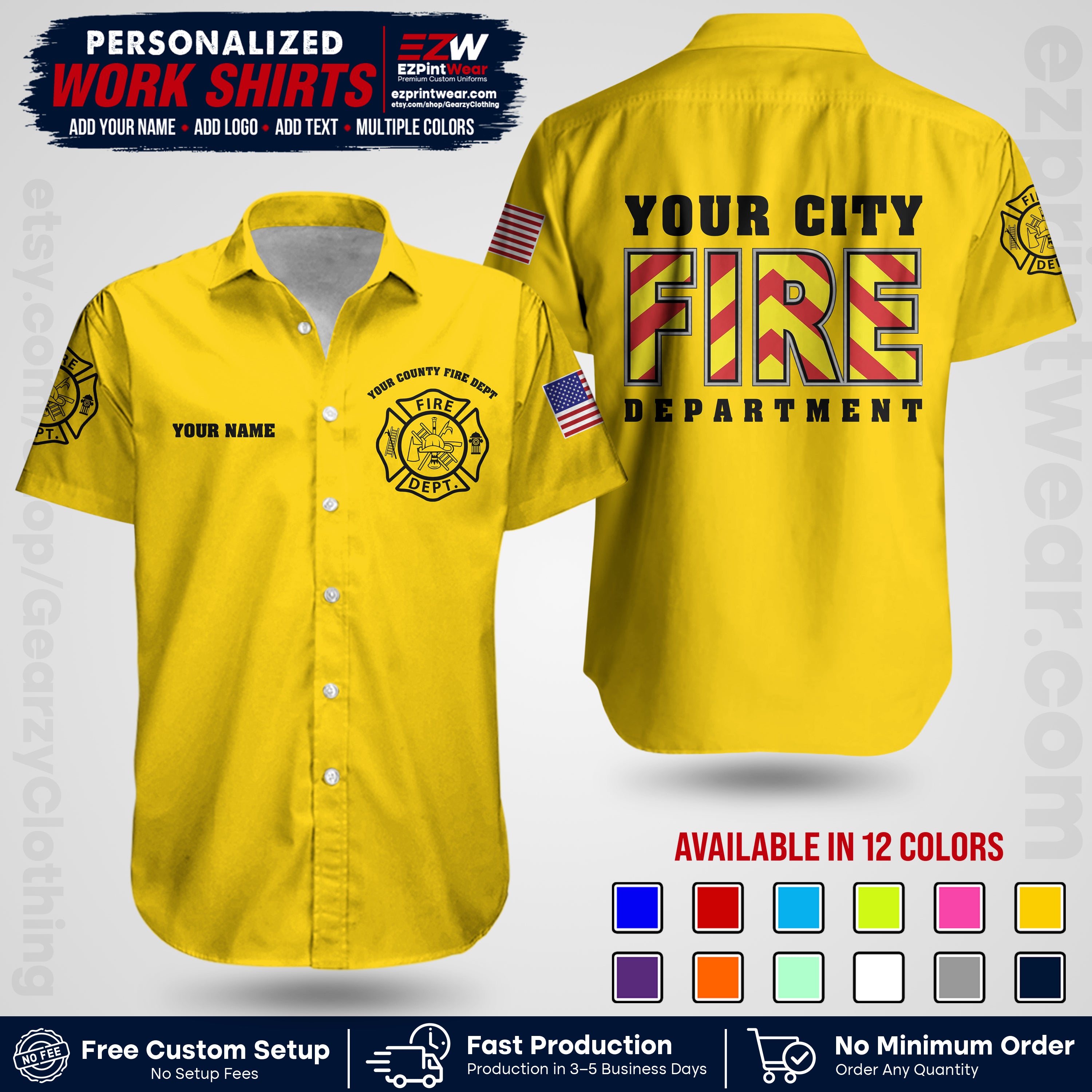 Custom Fire Department Shirt with Name, City Logo & Text | Firefighter Uniform | Button Up Work Shirt FF05