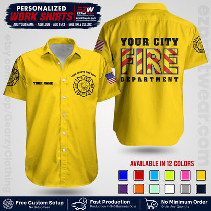 Custom Fire Department Shirt with Name, City Logo & Text | Firefighter Uniform | Button Up Work Shirt FF05