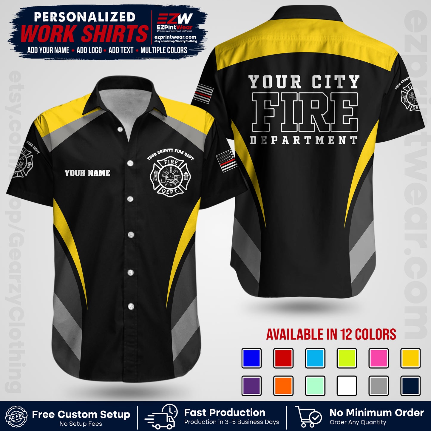 Custom Fire Department Shirt with Name, City Logo & Text | Firefighter Uniform | Button Up Work Shirt FF02