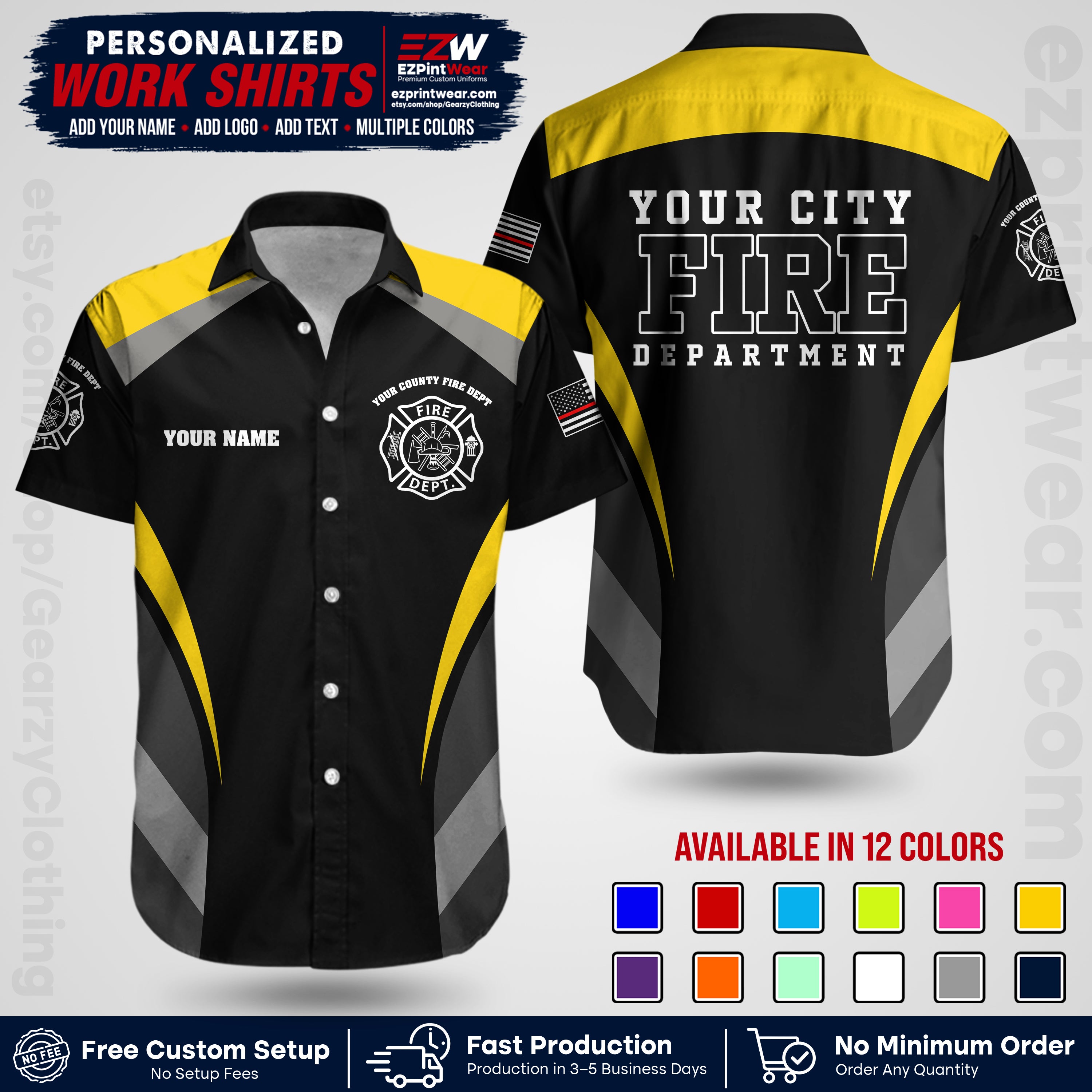 Custom Fire Department Shirt with Name, City Logo & Text | Firefighter Uniform | Button Up Work Shirt FF02