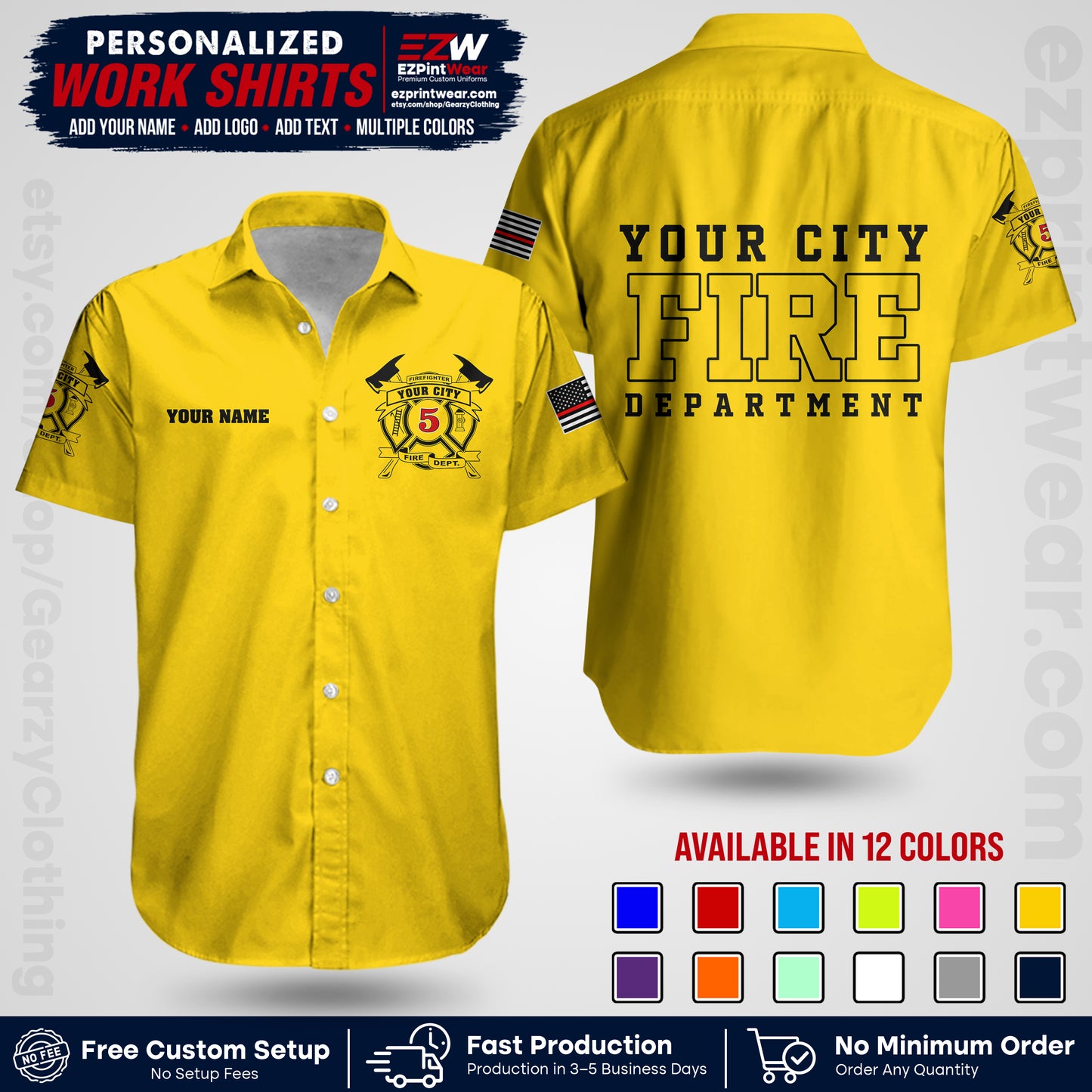 Custom Fire Department Shirt with Name, City Logo & Text | Firefighter Uniform | Button Up Work Shirt FF07
