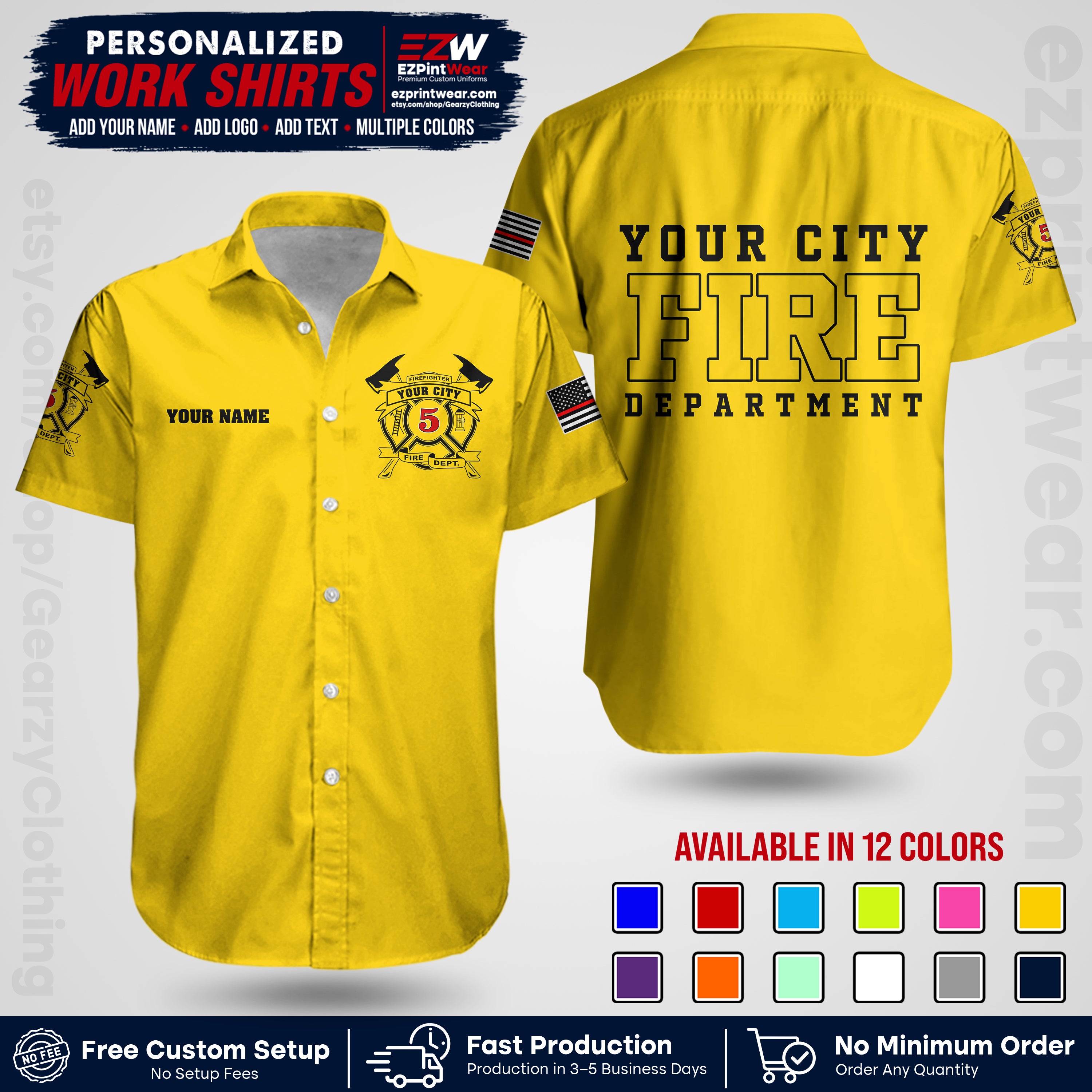 Custom Fire Department Shirt with Name, City Logo & Text | Firefighter Uniform | Button Up Work Shirt FF07