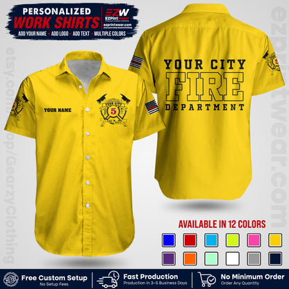 Custom Fire Department Shirt with Name, City Logo & Text | Firefighter Uniform | Button Up Work Shirt FF07