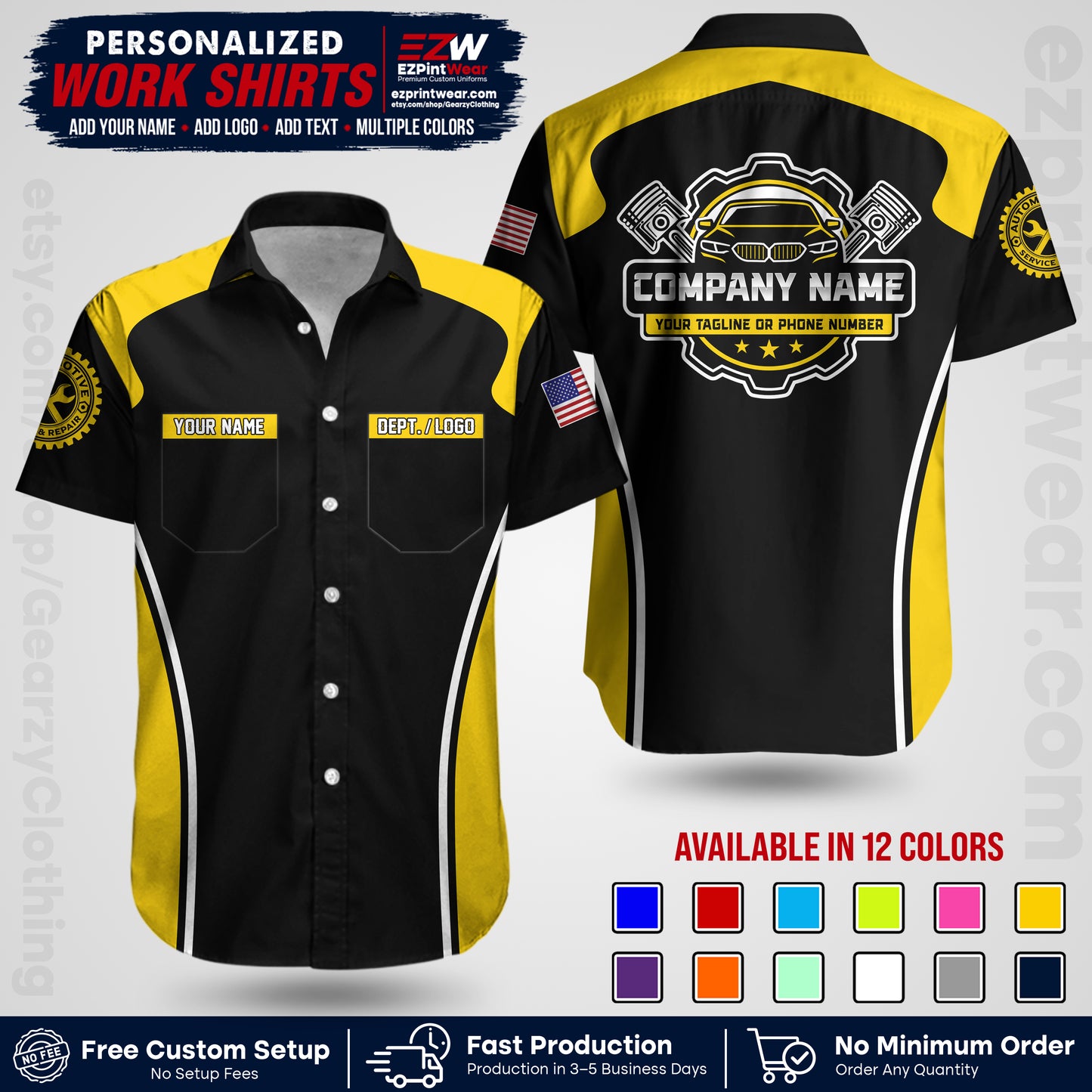 Custom Mechanic Work Shirt with Name, Logo & Text | Auto Shop Uniform | Workwear MCN 10